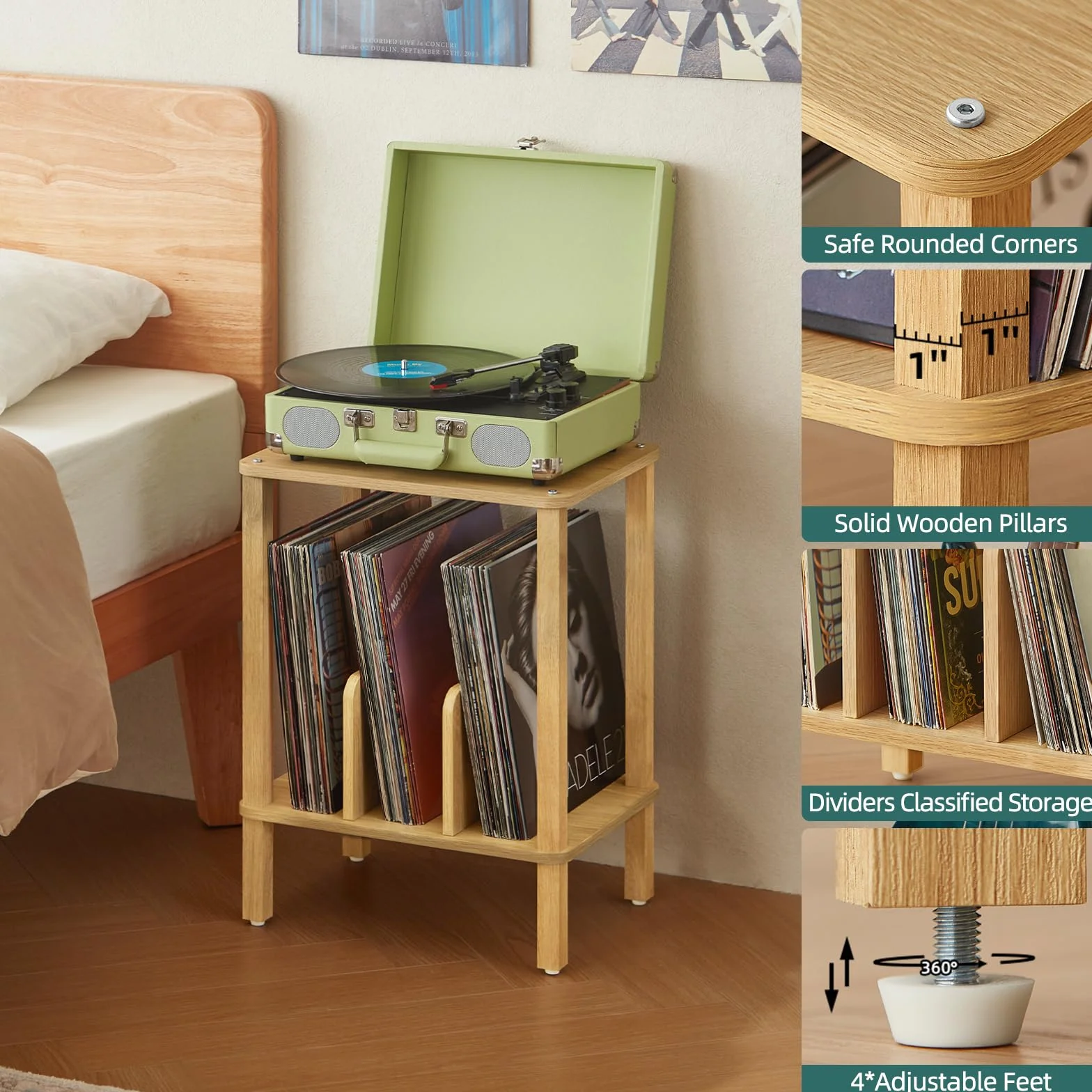 LELELINKY Soporte giradiscos de bambú de 2 Niveles con Estuche para Discos de Vinilo de hasta 100 álbumes, Mesa de Centro Multifuncional para el salón,Madera Natural