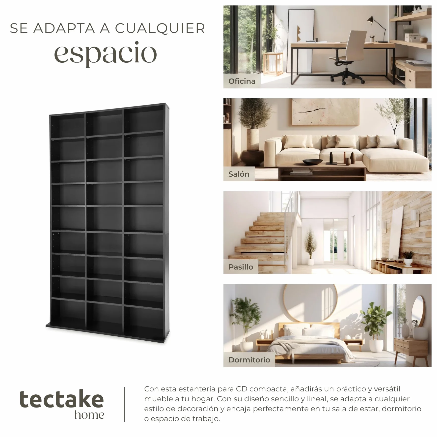 tectake® Estanteria Pared para CD/DVD, Almacenaje 1080 CDs, 27 Estantes, Fácil de Montar, Estable, Madera MDF, Metal, Estanteria Libros, Librería, Estantería de Pared, Mueble de Salon - Negro