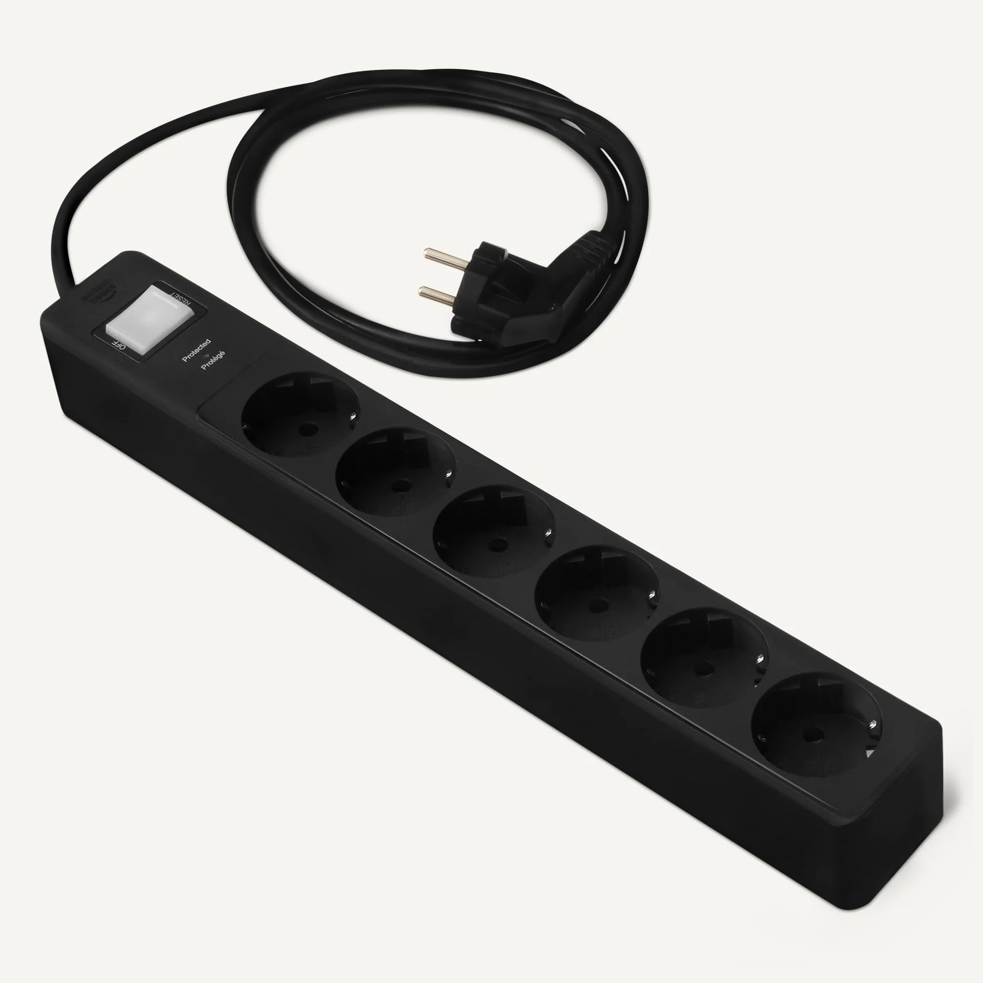 Amazon Basics regleta con 6 tomas y protección contra sobretensiones, extensión de enchufes, tapas de seguridad, cable de 1,4m, 6 enchufes, 600 J, color negro