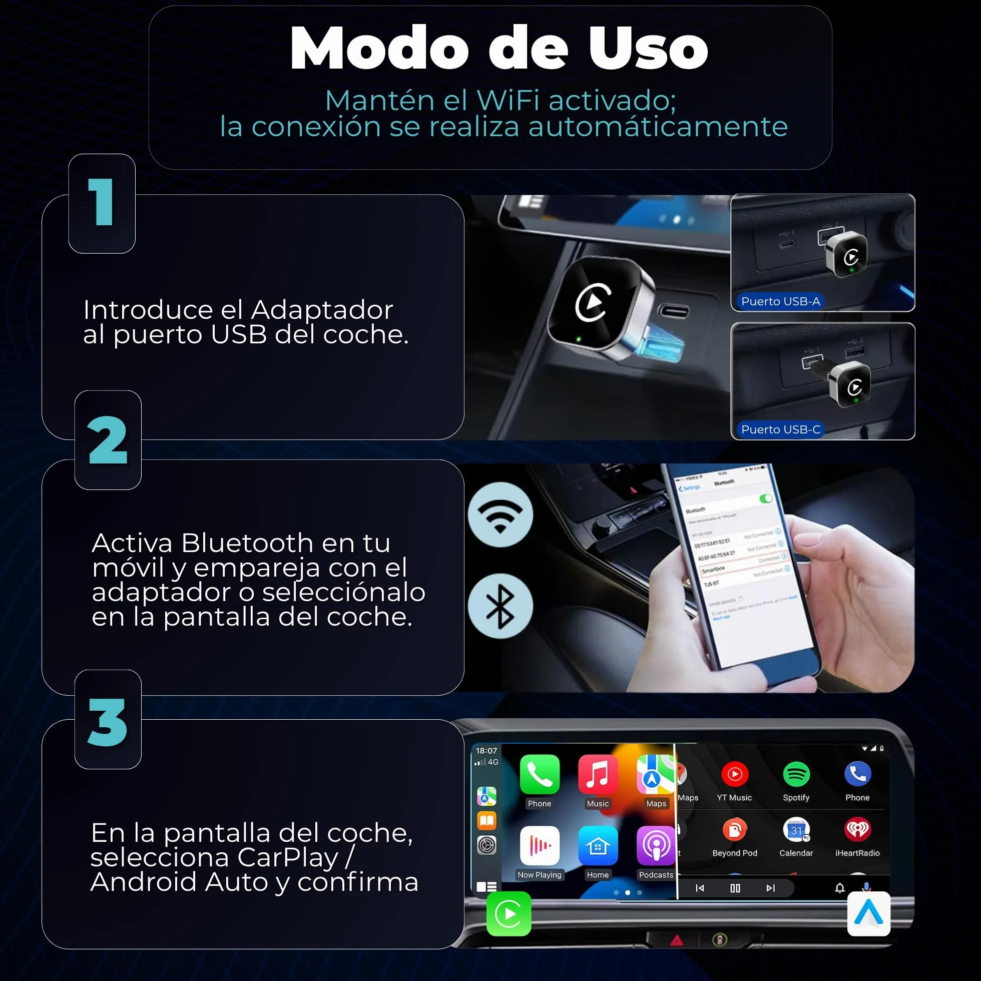 Adaptador CarPlay Inalámbrico y Android Auto Inalámbrico 2 en 1 Mini Versión 2026, Dongle USB-A/USB-C Plug & Play para Coches con CarPlay o Android Auto por Cable