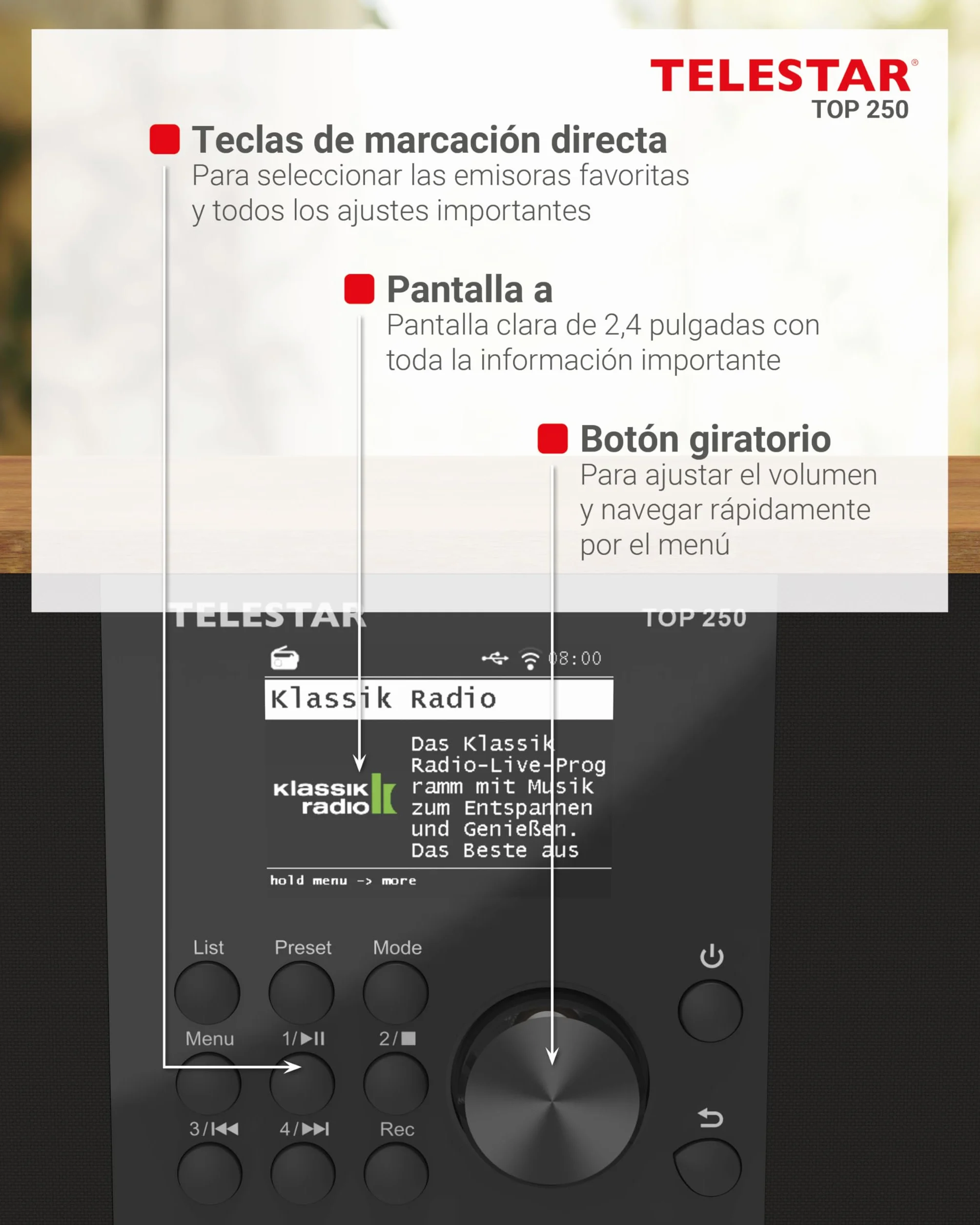 TELESTAR Top 250 – Dab+/Radio por Internet (estéreo, 2 × 10 W, Bluetooth Audio-Streaming & función de envío, grabación USB, Sistema de Emergencia, Control por App) – Madera