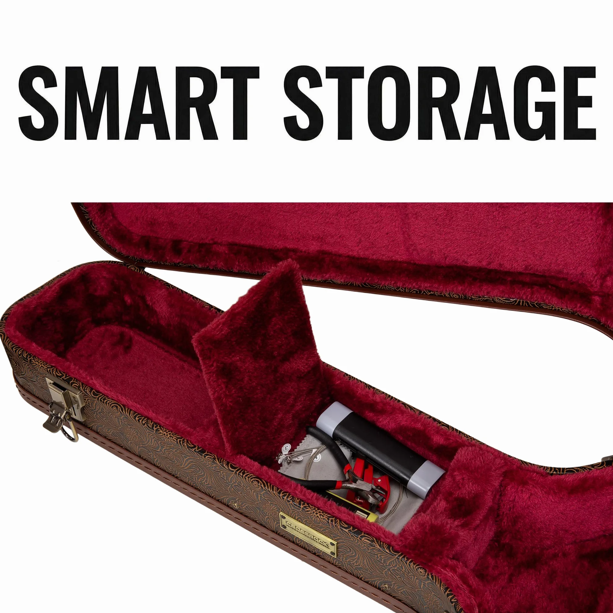 Crossrock Designer Series - Funda de Madera para Guitarras eléctricas Gibson SG, Cerradura de Seguridad, Patas de Metal, Espacio de Almacenamiento, Color marrón Flor (CRW530SGBQ), Marrón Flor, SG