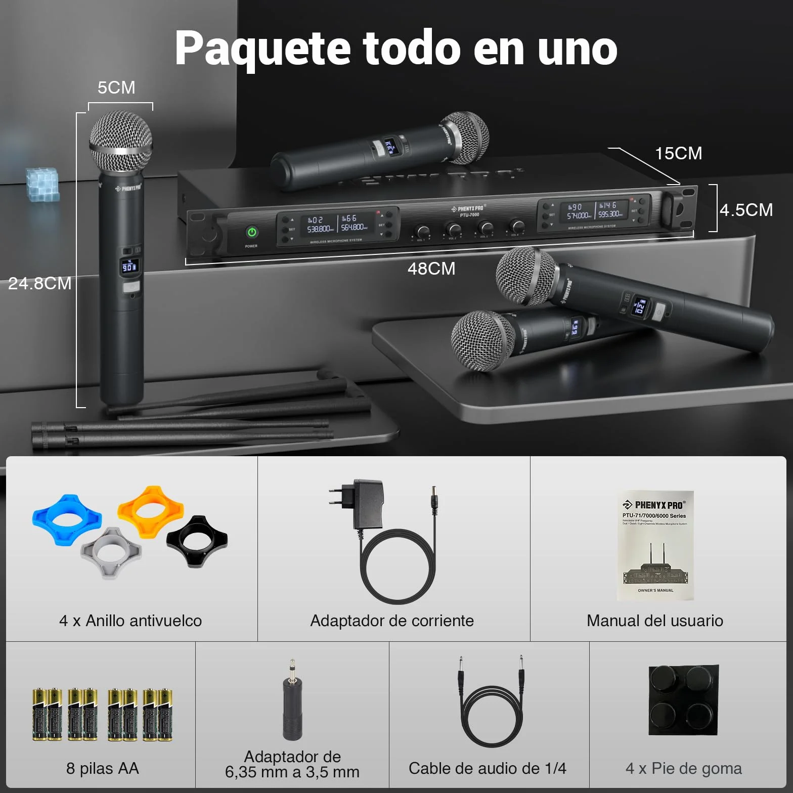Phenyx Pro Sistema de micrófono inalámbrico Cuatro Canales, con 4x40 Frecuencias UHF, Auto Scan, 328ft de Largo Alcance, 4 micrófono dinámico de Mano para Cantar, Iglesia, Karaoke (PTU-7000-4H)