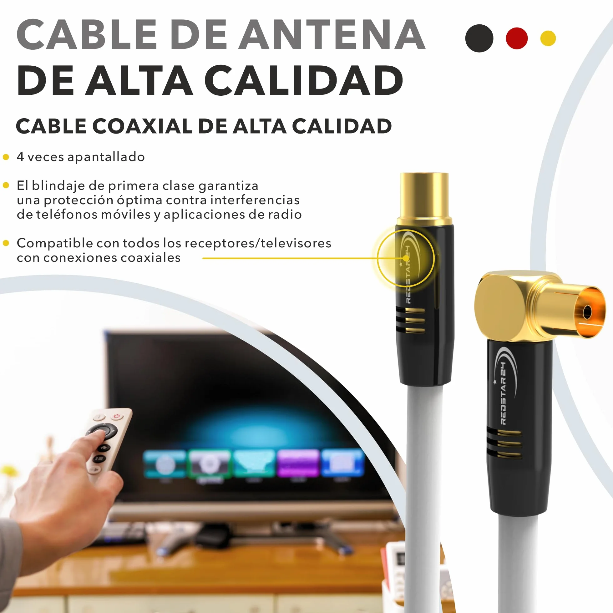 RedStar24 Cable de Antena 4m Blanco - Macho a Hembra 90° Ángulo - Coaxial HDTV Premium para Televisión por Cable | Compatible Con TV, Radio, DVB-T/T2, DVB-C, DAB