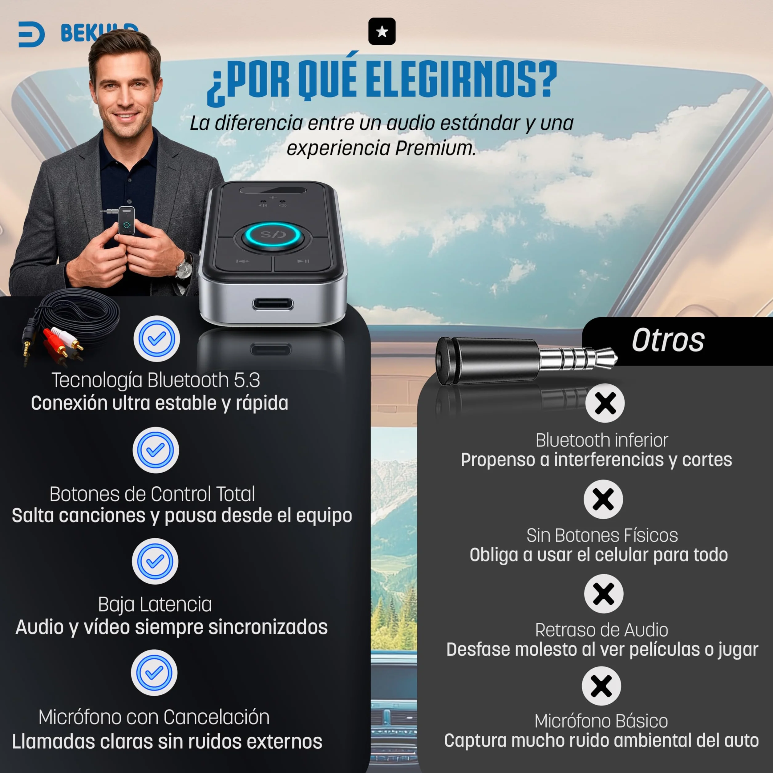 Super Pack Receptor Bluetooth y Transmisor Bluetooth 5.3 Jack 3.5 + RCA | Adaptador Bluetooth Coche AUX y TV | Manos Libres Coche Bluetooth HD, Baja latencia, batería 12h