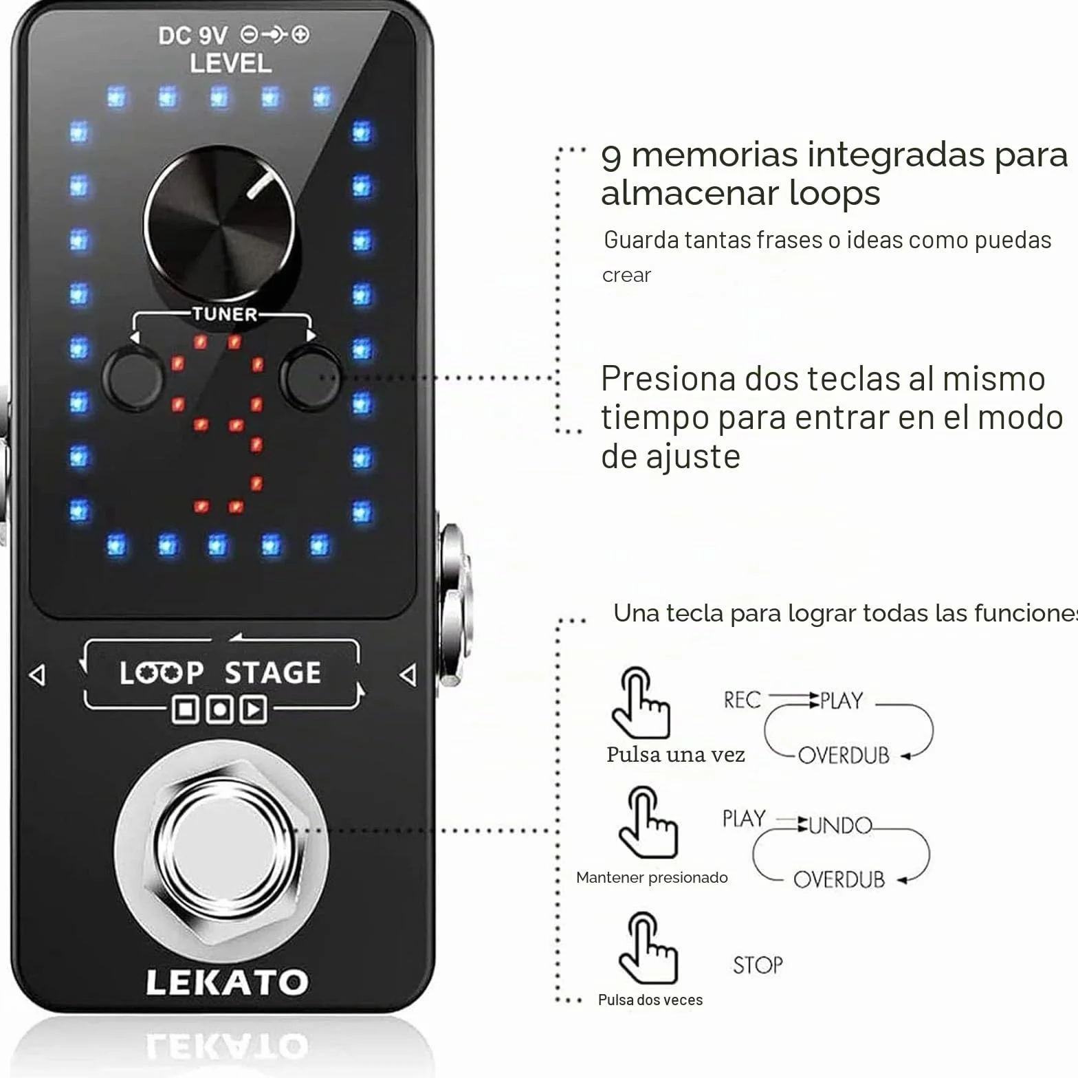 LEKATO Pedal de guitarra eléctrica Pedal de bucle 9 bucles Máximo 40 minutos Tiempo de grabación Estación de bucle de sobregrabación ilimitada con función de afinador para bajo eléctrico (Looper)