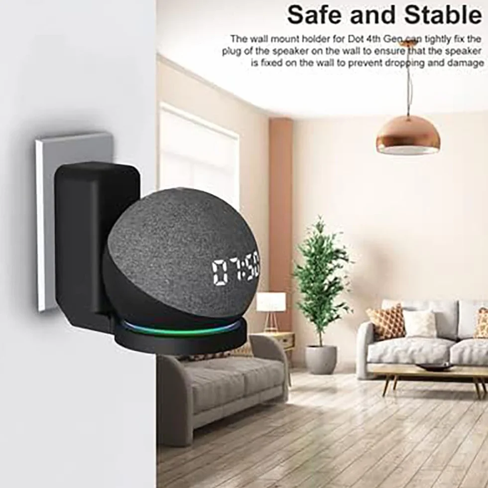 ELLENNE Soporte de pared Echo Dot (4ª y 5ª generación) de pared – Ahorra espacio ocultar cables – Sin tornillos – Soporte para cocina, baño, dormitorio – Negro y blanco (negro)
