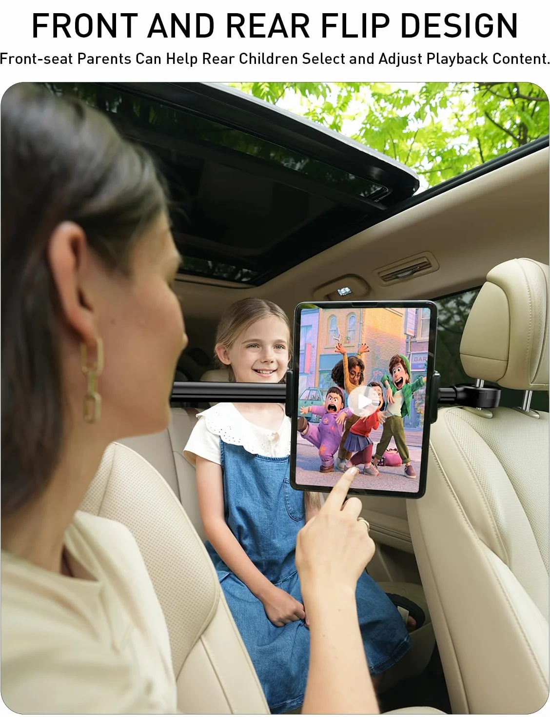TRYONE Soporte Tablet Coche Reposacabezas [ Abatible Frontal y Trasero] Extensible Porta Accesorios Carro, Sujeta Camper para iPad, Tablet y Monitor/eReader/Switch/Otros 4,7-16.1Pulgadas/con 2 Ganchos