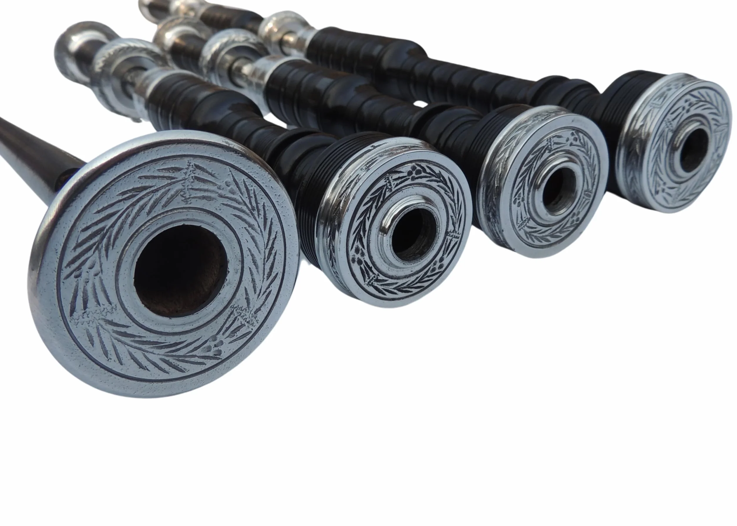 Great Highland Gaitas de Hakam Din - Madera de cocobolo sombreada negra con soportes grabados de níquel plateado y cordón de cubierta de terciopelo negro para estudiantes, kit completo de iniciación