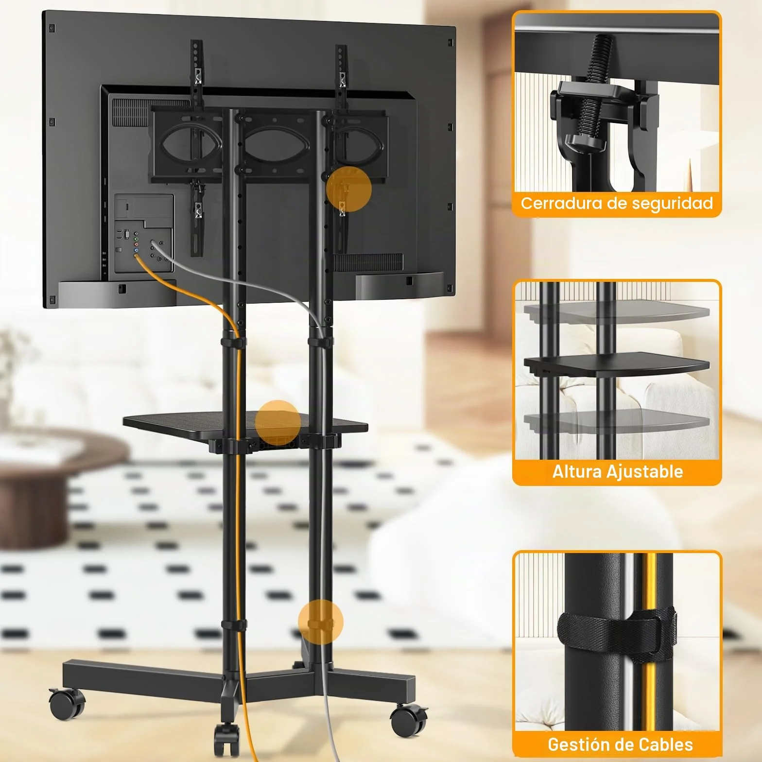 Soporte TV Pie Ruedas para Televisiones de 32-75 Pulgadas Plasma/LCD/LED, Altura Ajustable, VESA 400x400mm, 40 kg