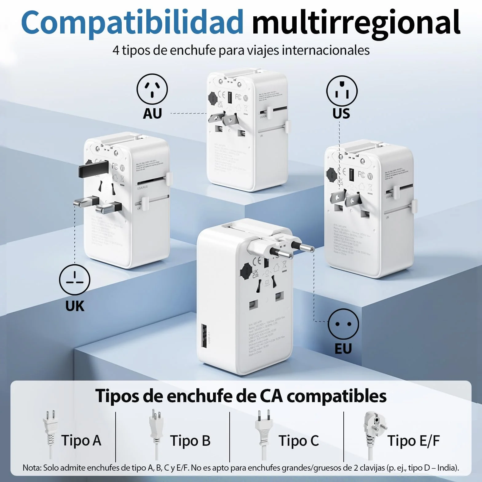 Adaptador Enchufe Universal Ultrafino, Adaptador Universal de Viaje con 1 USB-A y 2 USB-C, Adaptador Compacto Enchufe UK/USA/Reino Unido/Americano/Australia/Japón/Tailandia