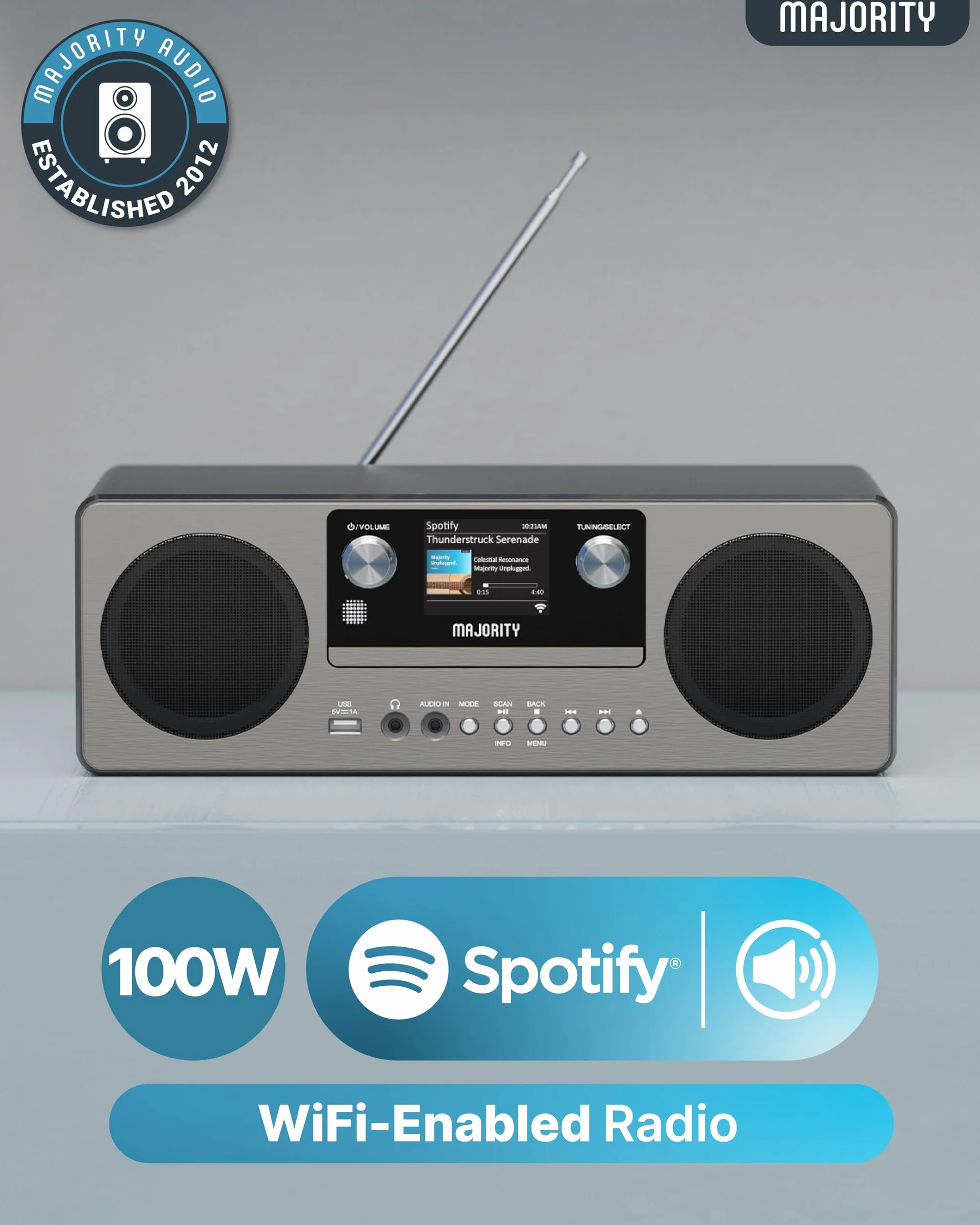 MAJORITY Humboldt Internet Radio Dab+ Reproductor de CD Sistema de Música I Spotify Connect I Bluetooth I Podcasts I Reloj Despertador Dual