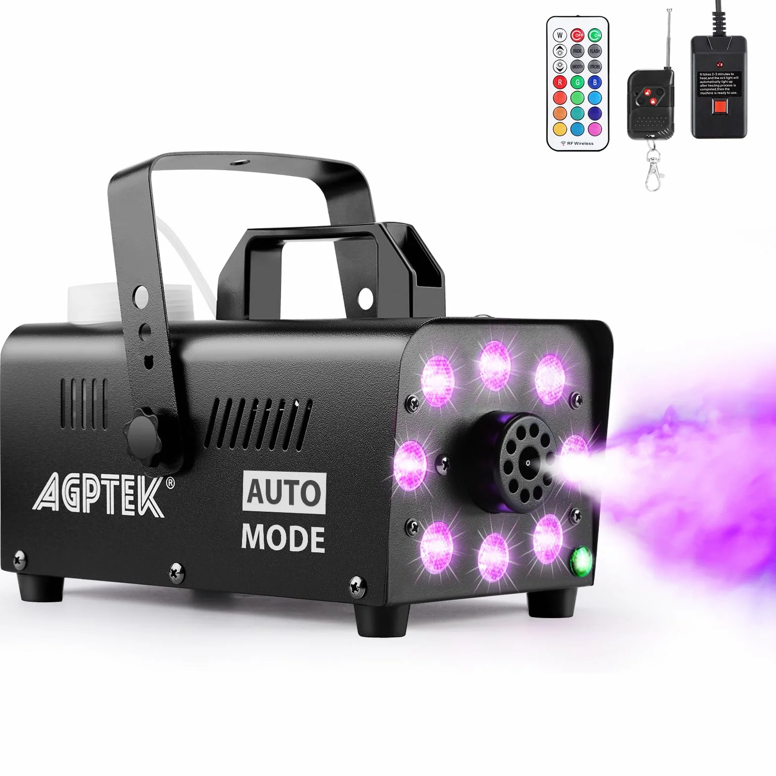 AGPtEK Máquina de Humo con 8 LED y 13 Colores de luces LED, Efectos RGB, Funcionamiento Separado con 2 controles remotos con cable e inalámbricos, para Fiestas Navidad, Bodas,Escenarios,Discoteca,DJ
