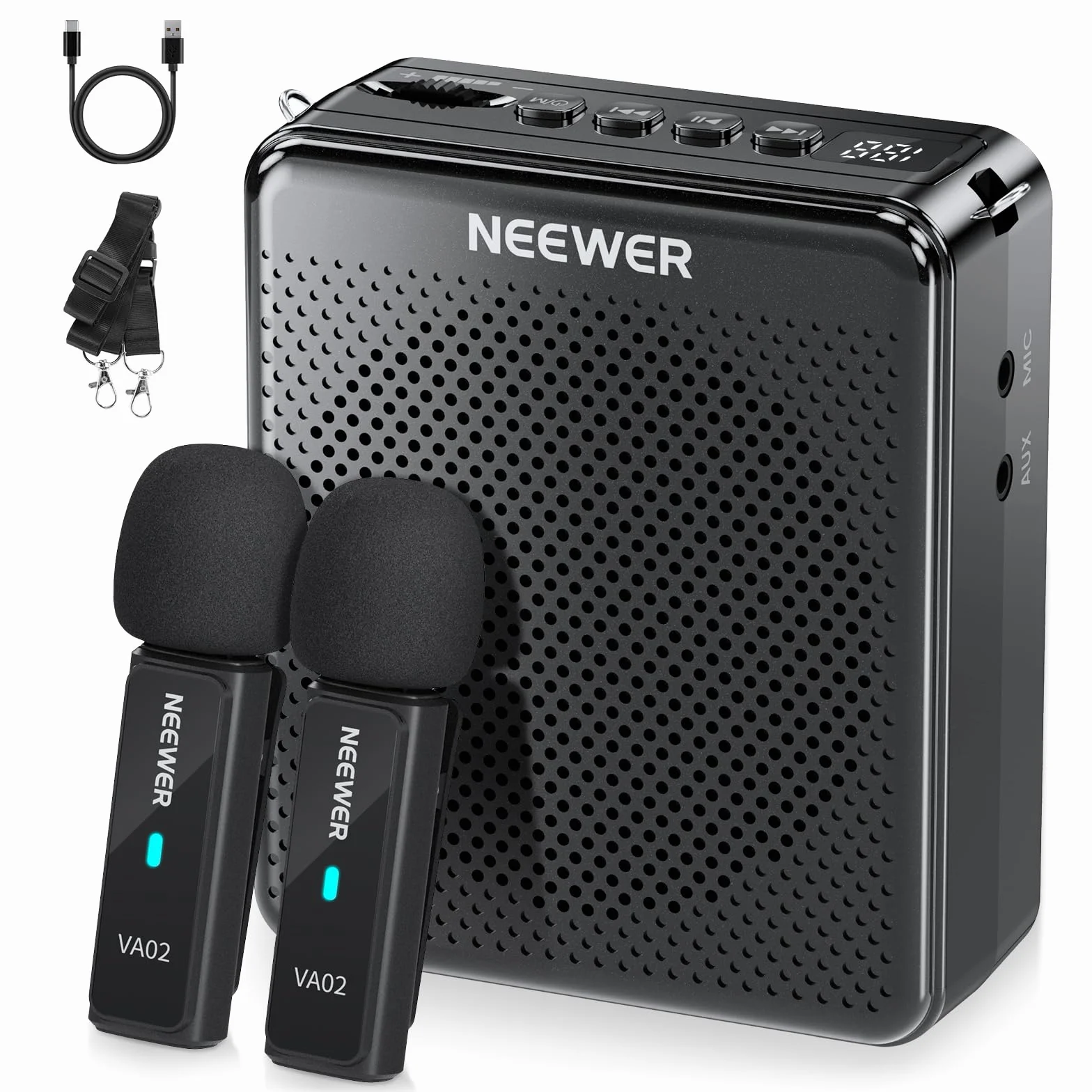 NEEWER VA02 Amplificador Voz con Micrófono Inalámbrico, Mini Altavoz Portátil Recargable USB C Cancelar Ruido Megáfono & Mic Set, 10 Hrs Duración, Alcance15m para Profesores Formadores Tour Guides
