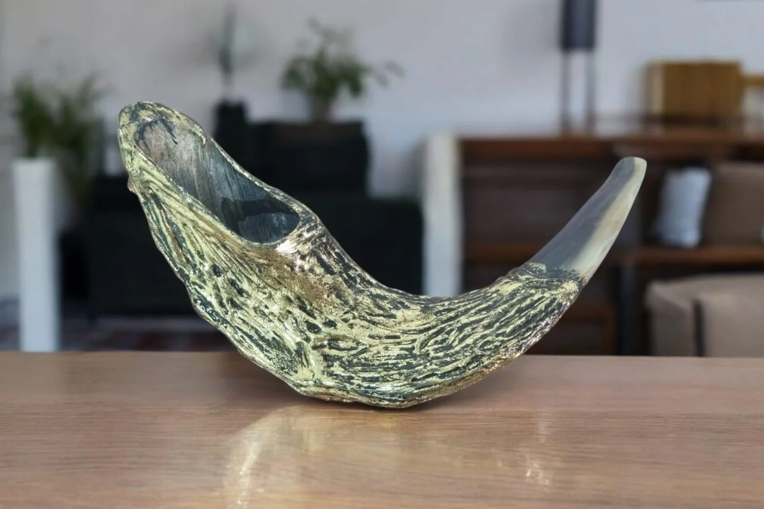 Shofar Jerusalén Old City - Cuerno de carnero shofar chapado en oro + soporte gratis