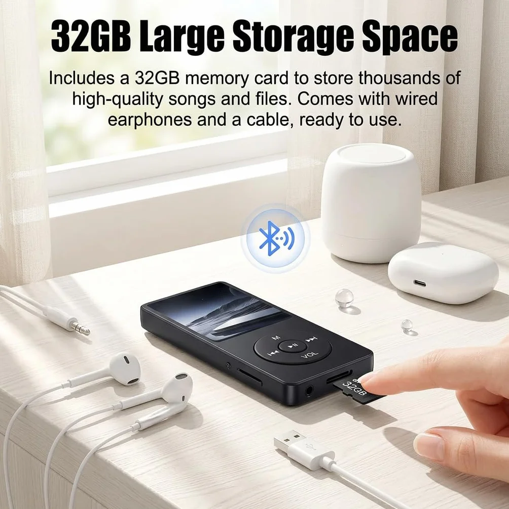 Reproductor MP3 MP4 32GB Bluetooth 5.0 Altavoz HD Pantalla TFT 1.8" Ampliable 128GB