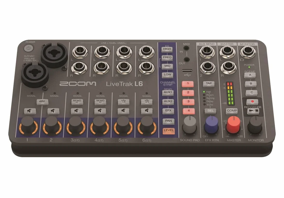 Zoom L6 - Grabador y mezclador de audio digital de 10 canales, 2 entradas combo + 4 estéreo, ecualizador de 3 bandas, 1 salida maestra - Adaptador de red AD-17 integrado y cable USB