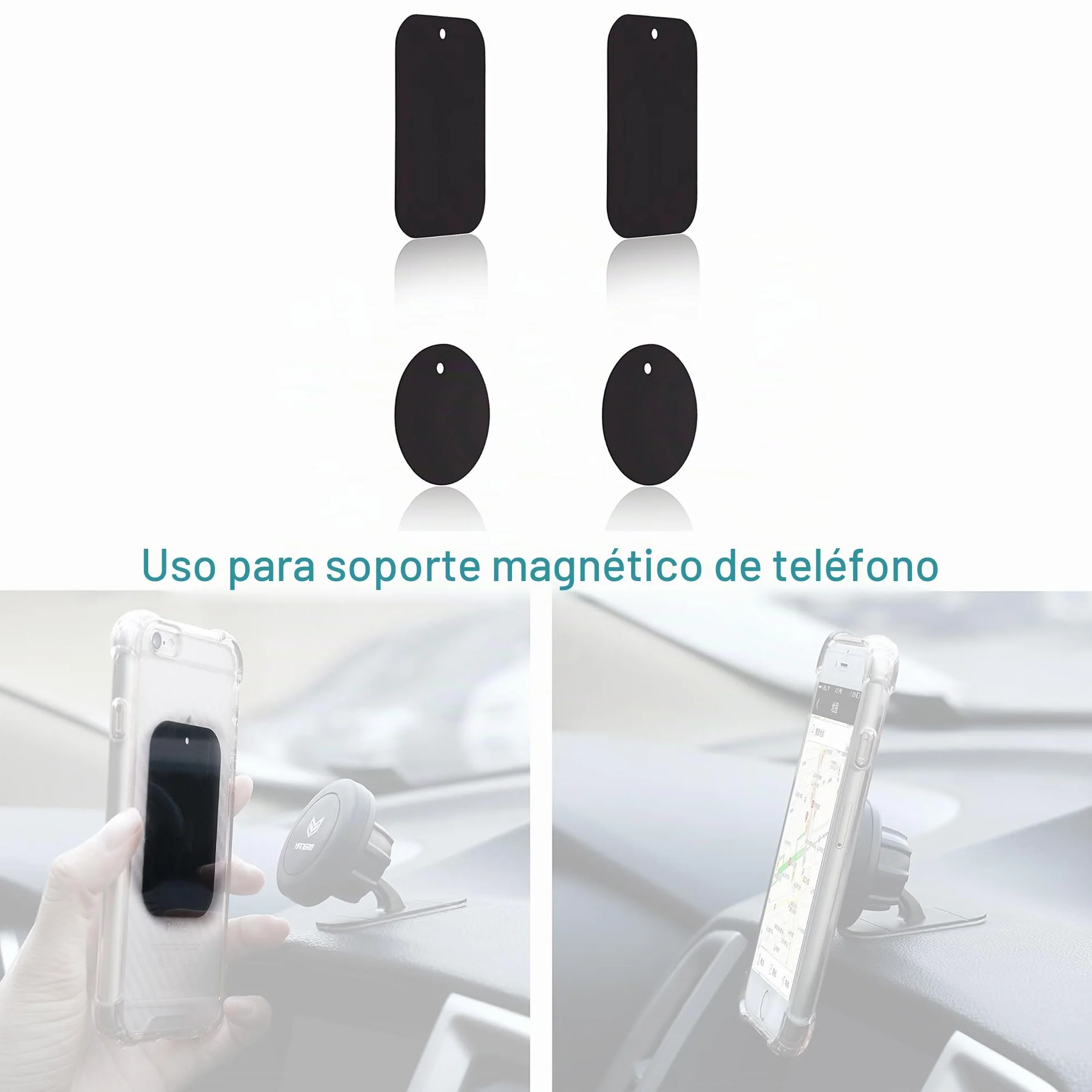 4 Paquetes Placa Metal Delgada Soporte Magnético Teléfono Coche Redondo Rectangular