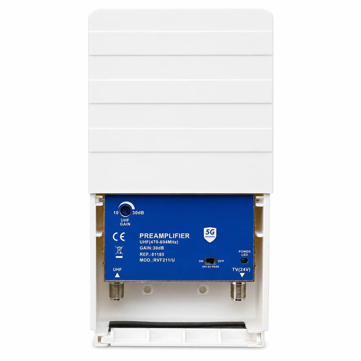 CABLEPELADO Amplificador mastil, ganancia de 30dB regulable manualmente y filtro LTE 5G integrado, adaptado al 2º Dividendo Digital, IP23, Consumo 48 mA, Alimentacion 24 VDC, 1 entrada 1 salida