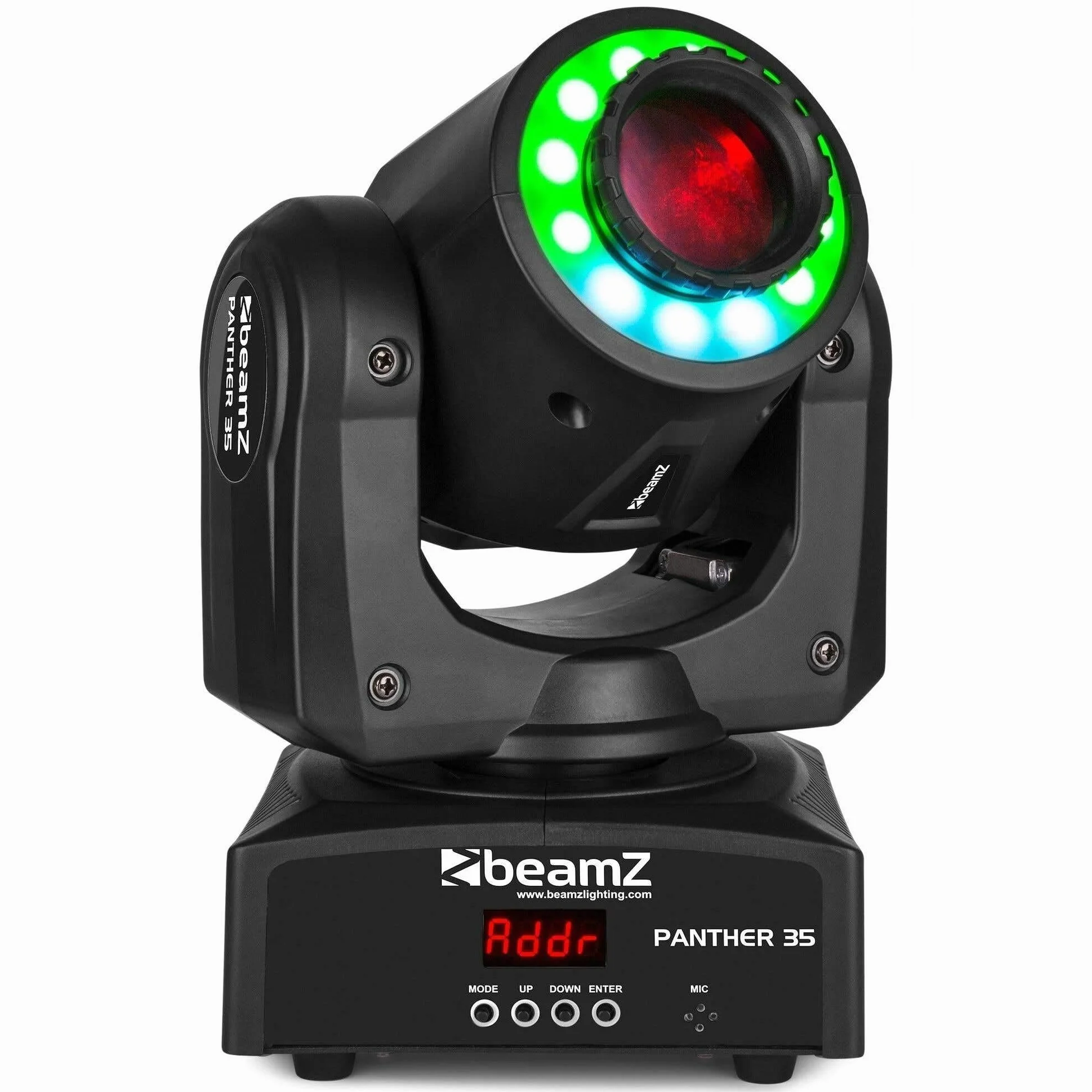 BeamZ Panther 35 Foco Proyector Movil LED Spot Blanco 35W con Anillo LED, Luz Estroboscopica Discoteca, Ángulo Beam 11°, 7 Colores, 7 Gobos, 8 Programas de Control, Activación por Sonido y DMX