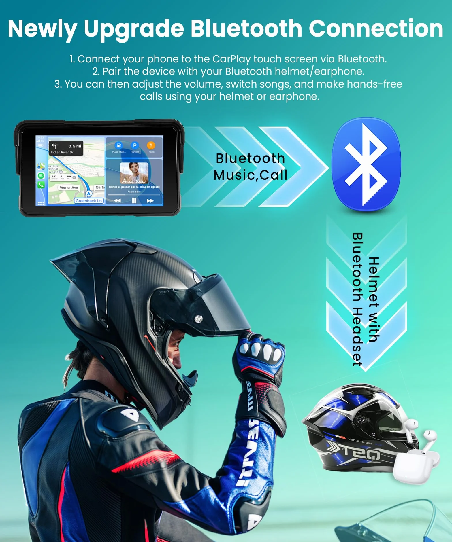 Navegación GPS Moto CarPlay y Android Auto Inalámbrico, Pantalla Táctil HD 5 Pulgadas IP68, Bluetooth