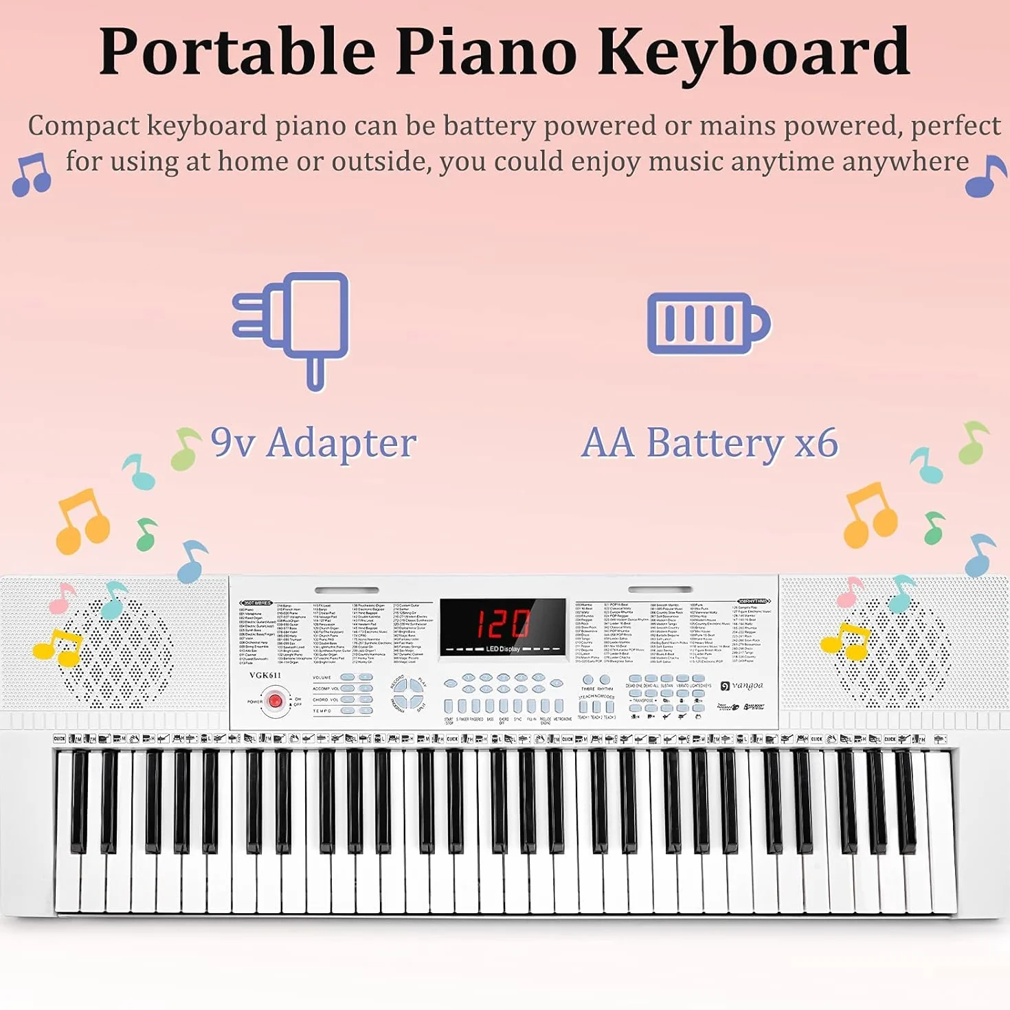 Vangoa Piano 61 Teclas Luminosas, Para Principiantes Niño, Mini Teclado Luminoso Musical, Modos De Enseñanza, 350 Tonos, Blanco