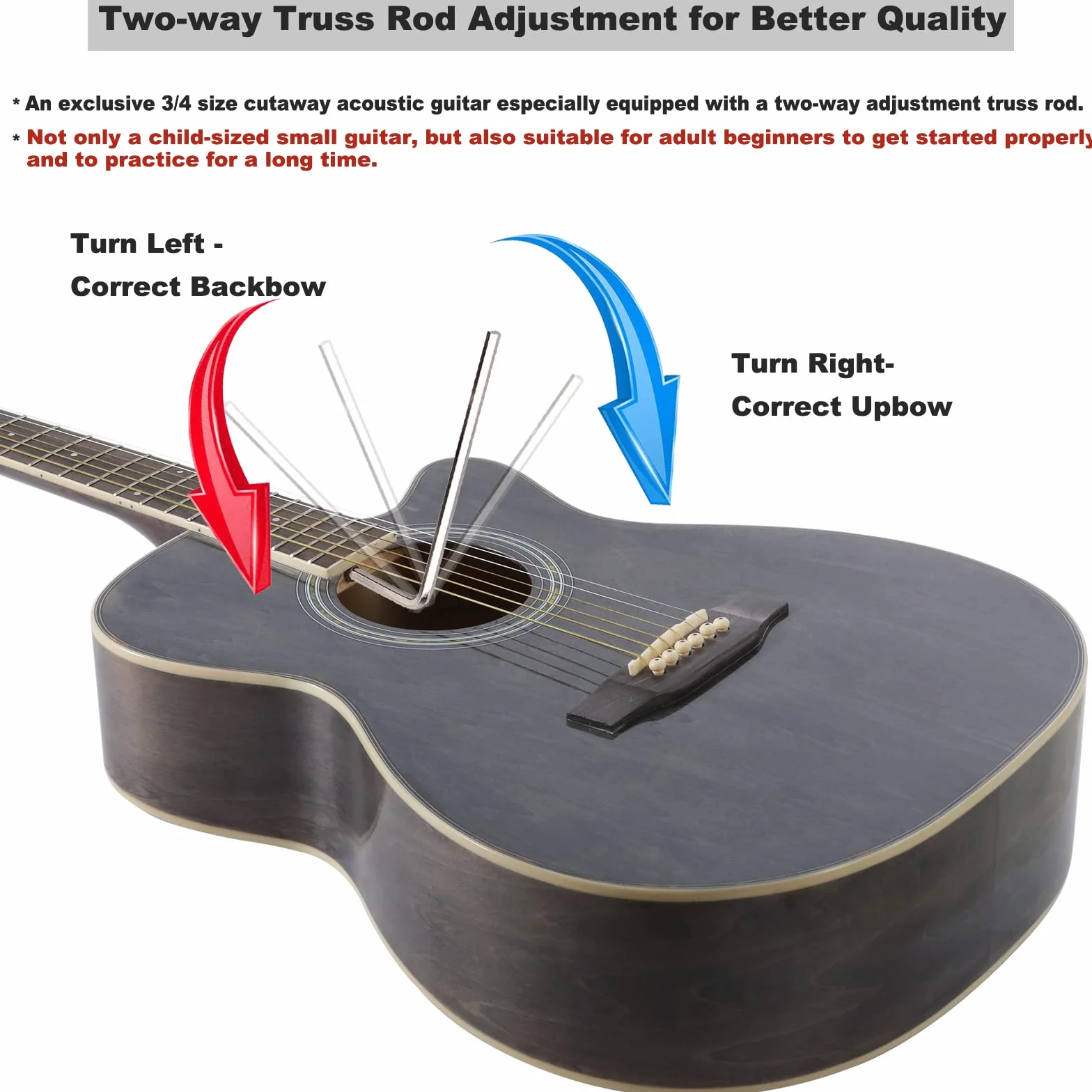 Winzz Guitarra Folk para Niños 36 Pulgadas, Tamaño 3/4 Guitarra Acústica Negro-gris Kit para Principiantes