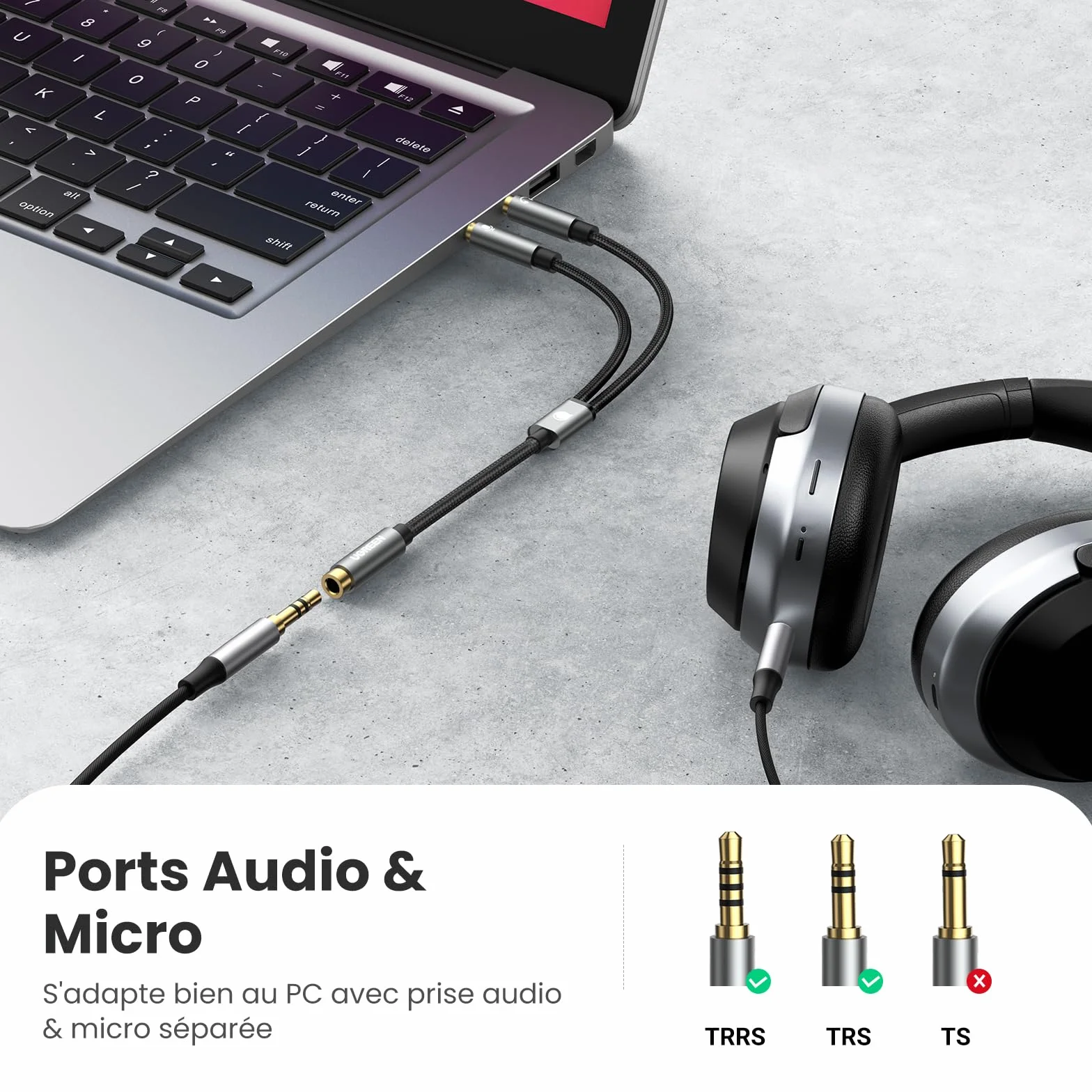 UGREEN Adaptador Splitter Jack 3.5mm Micro y Auriculares Separador de Audio y Micrófono con HiFi Sonido Mic 1 Hembra a 2 Macho Compatible con Gaming Cascos de PS4 Xbox EarPods PC (20CM)