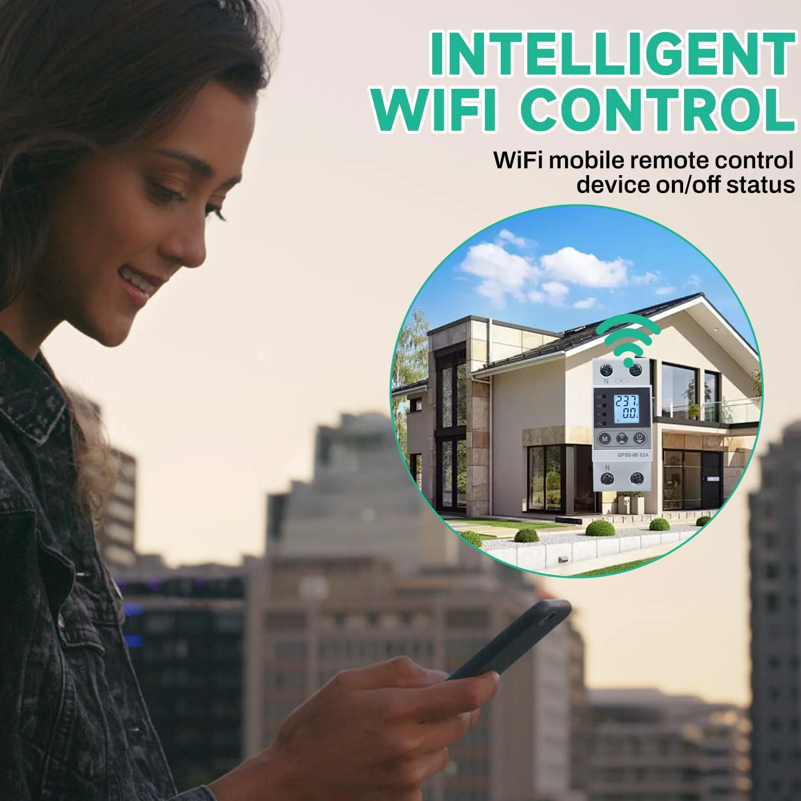 63A Protector sobretensiones WiFi Interruptor contador electrico 2P 220V AC con funcion de autorreajuste de sobretension/subtension y sobrecorriente ajustable.