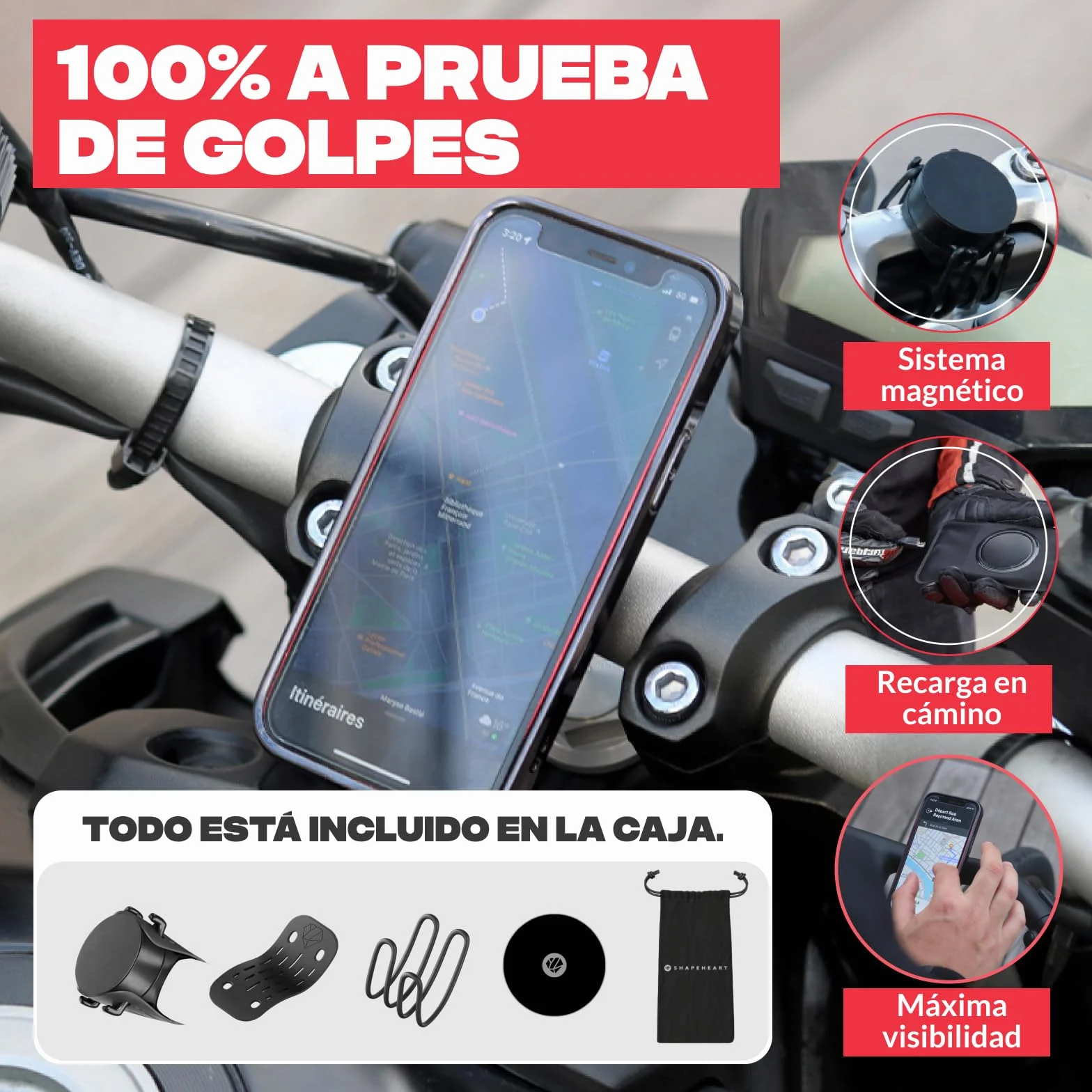 Shapeheart Soporte Móvil Moto Magnético con Fijación Manillar Universal Placa Metálica