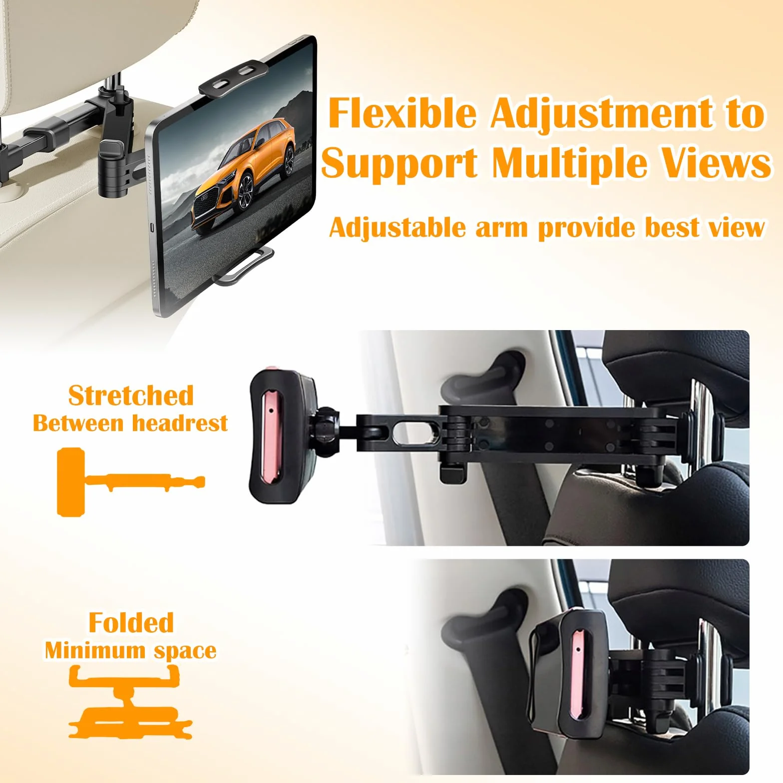 Soporte Tablet Coche Asiento Trasero, Soporte para Tableta en el Reposacabezas con Brazo Telescópico, Rotación 360°, Compatible con iPad, Switch, Móviles 4.7-13 Pulgadas, Negro