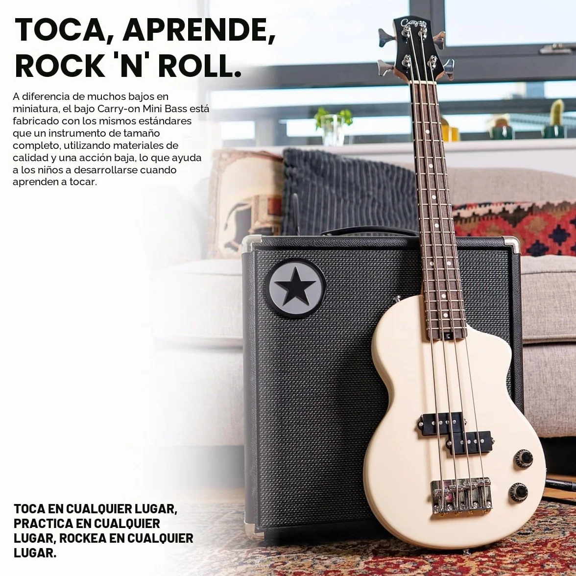 Carry-on By Blackstar Mini Guitarra Bajo Electrico Vintage White Perfecta para Niños y Adultos, Principiantes y Viajes