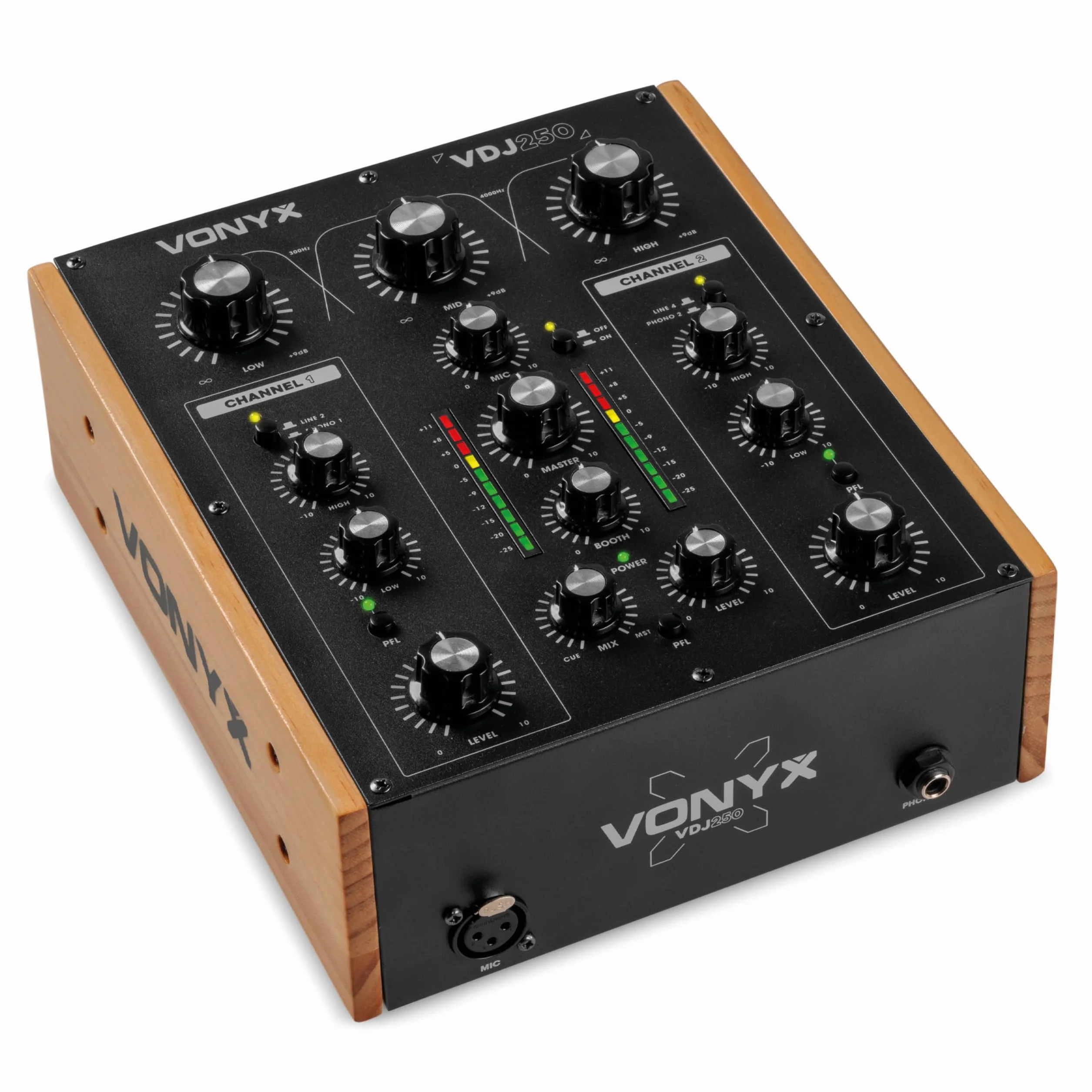 Vonyx VDJ250 – Mezclador DJ analógico 2 Canales con EQ entradas RCA Salida XLR Booth Rec para Tocadiscos y Reproductores diseño Retro Compacto Mixer DJ analogico DJ Booth Mixer vdj250