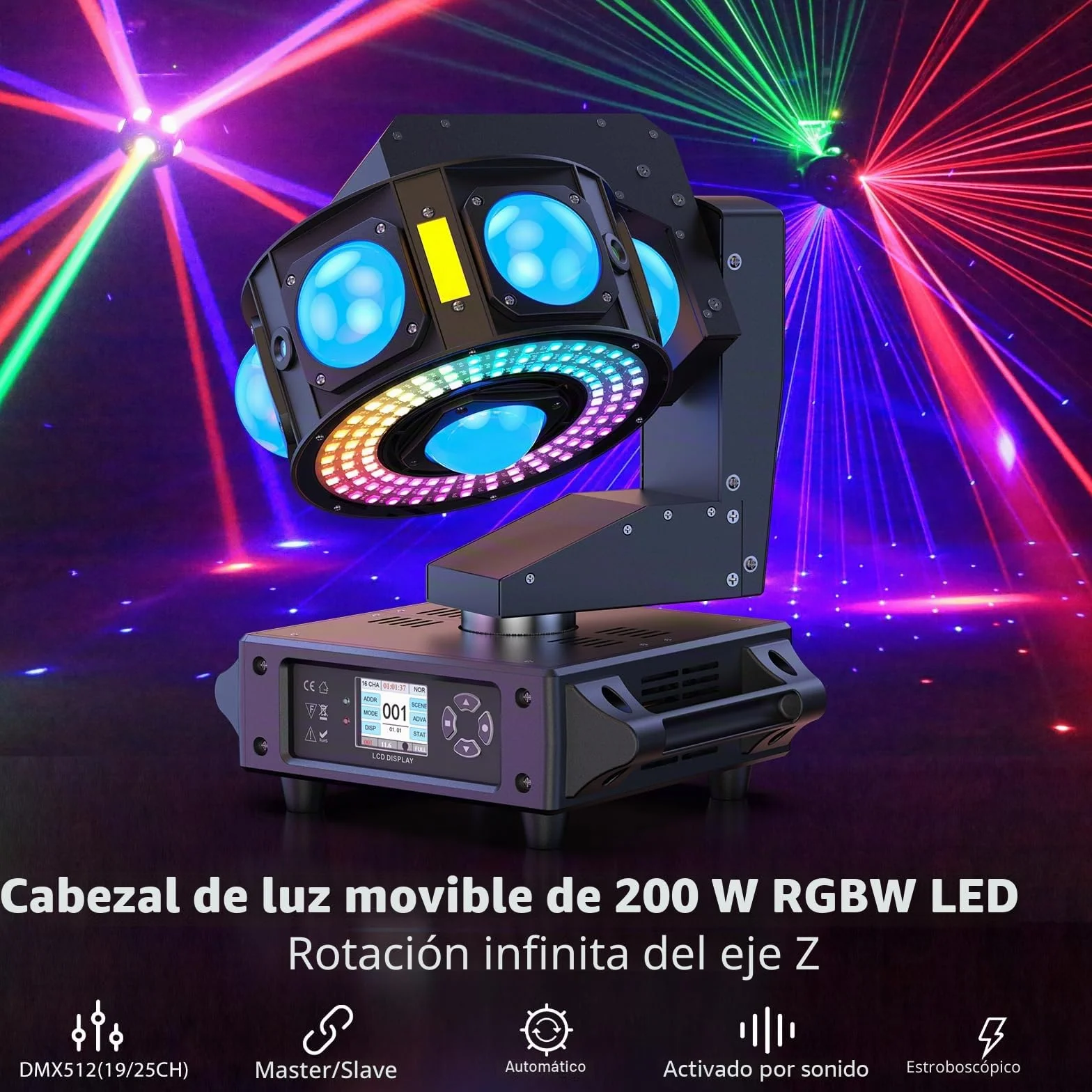 200W Cabeza Movil LED RGBW Beam Luz de Escenario Focos móviles para Disco Fiesta Casa Bar iluminación