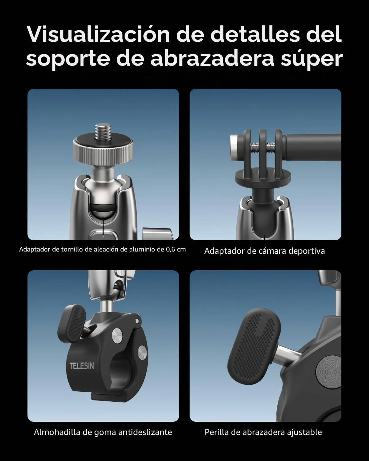TELESIN Soporte de Moto/Bicicleta para DJI Osmo Action 6/5 Pro, Pocket 4/3, GoPro Hero 13/12/11/10, Insta360, Accesorio para Acción Cámara Aleación de Aluminio con Rotación 360° y Adaptador 1/4"-20 mm
