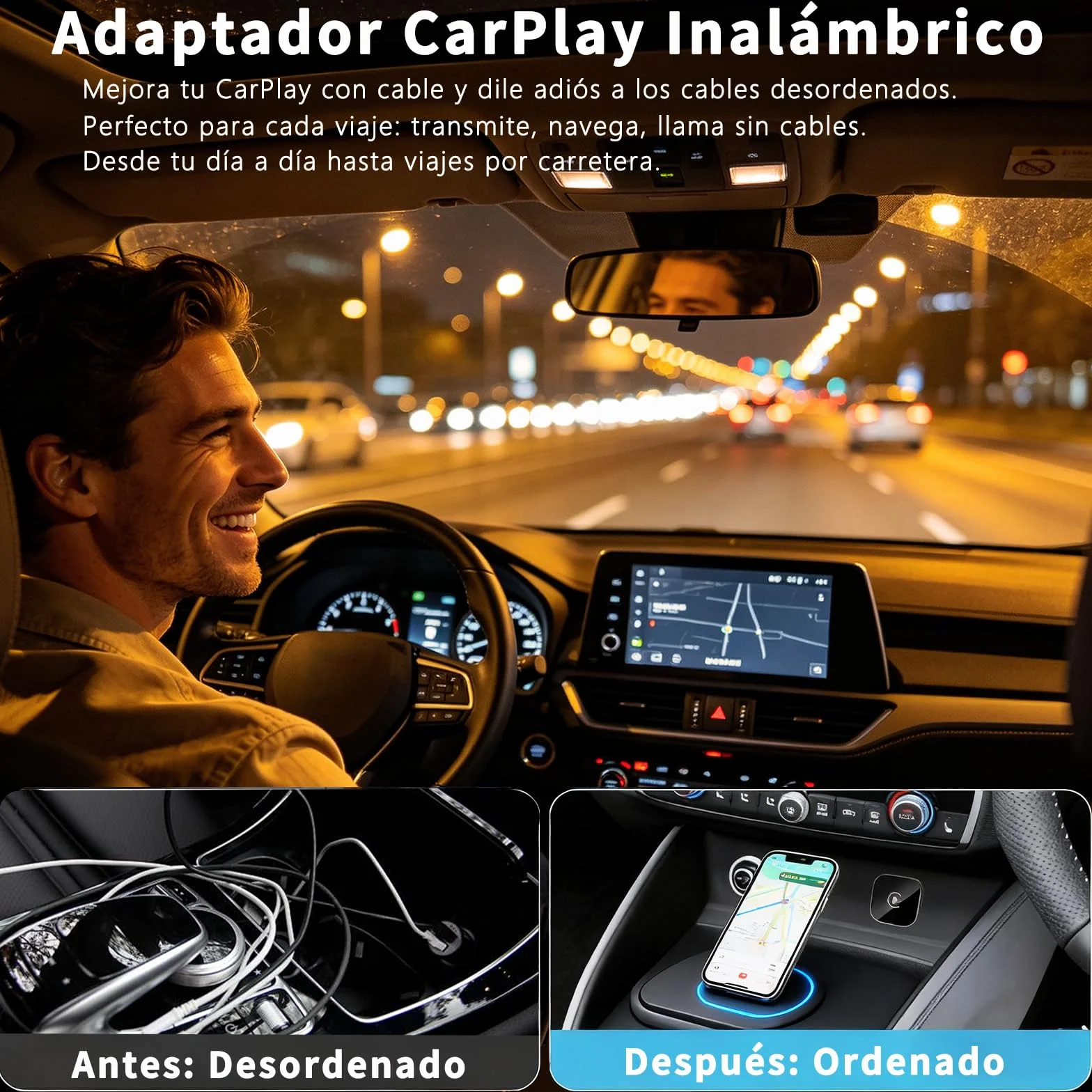 Adaptador CarPlay Inalámbrico 2 en 1 Bluetooth para Coches iPhone iOS 10+ Android 11+