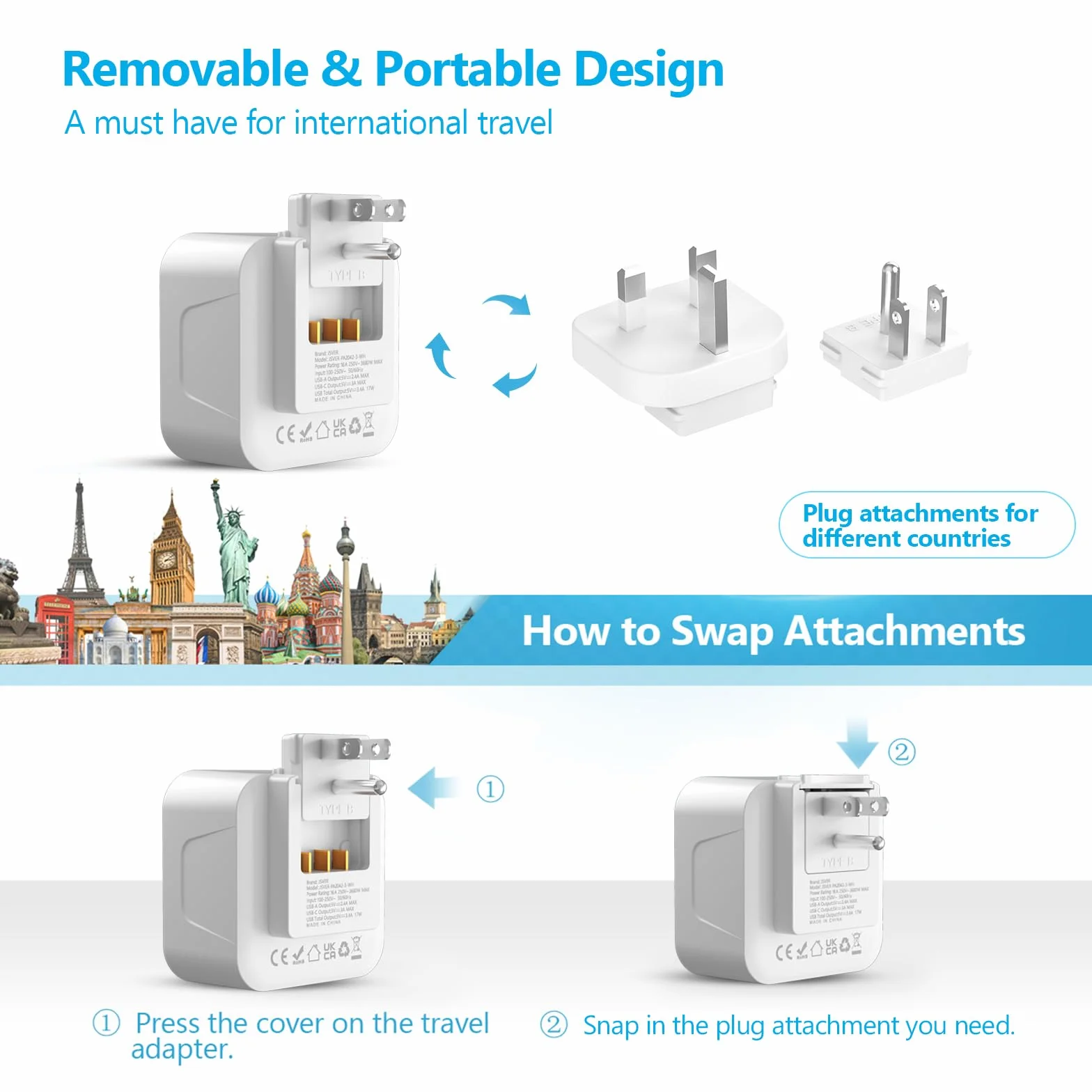 JSVER Adaptador de Enchufe Universal con 2 Enchufes Reemplazables Tipo B/G y 2 Enchufes de CA,4 Puertos USB, Cargador para España, EE. UU., Reino Unido, Canadá, México, HK (Blanco)