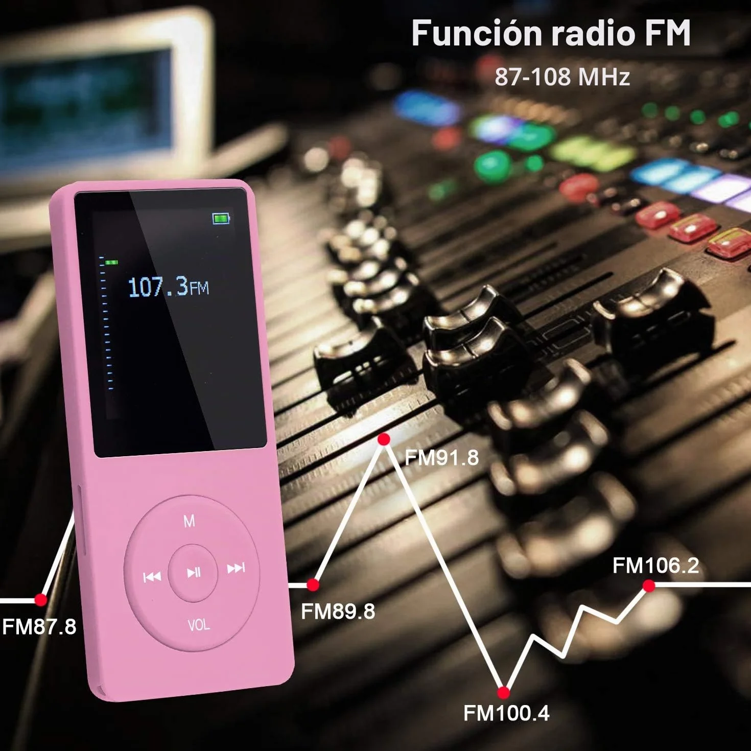 Reproductor MP3 Portátil 8GB con Ranura SD, Música Sin Pérdida, Radio, Grabación, Rosa