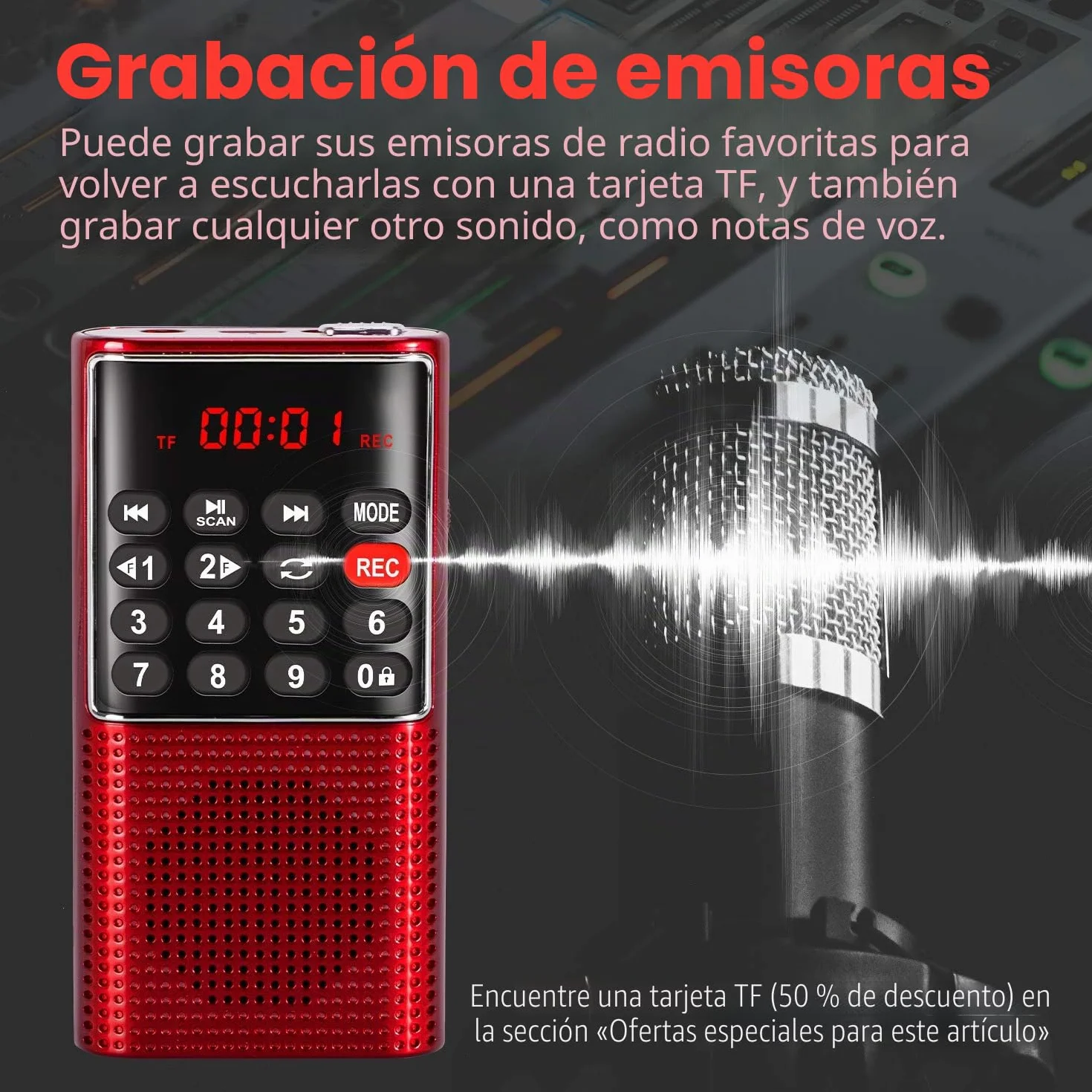 PRUNUS J-328 FM Radio Portátil Pequeña Recargable con Grabadora, Mini Radio de Bolsillo SD/TF/AUX, Reproductor de Música (Rojo)