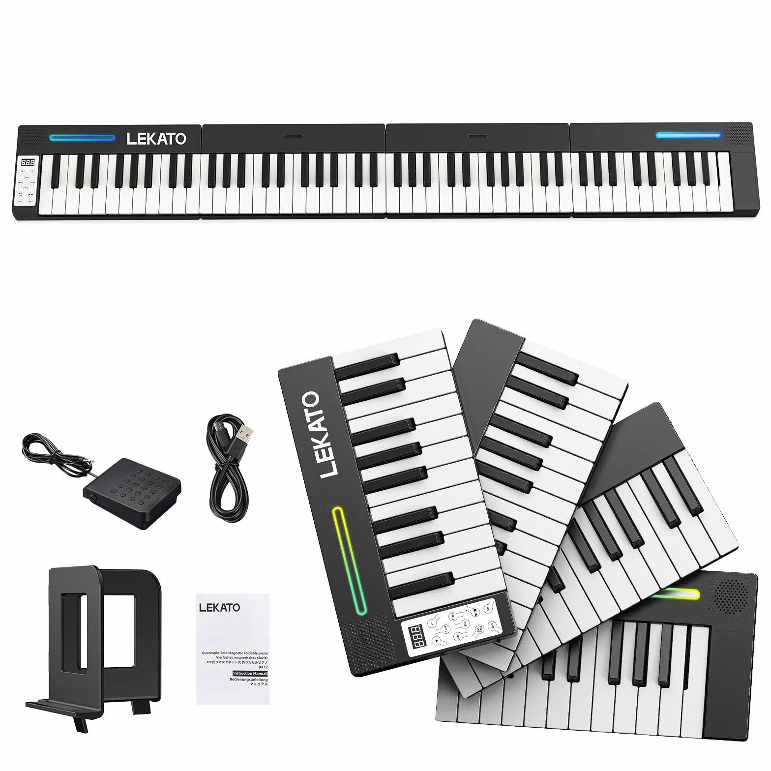LEKATO teclado piano portátil 88 teclas magnético plegable piano electrónico 128 sonidos 128 ritmos Bluetooth MIDI split dual tone grabación auriculares principiantes hogar viaje