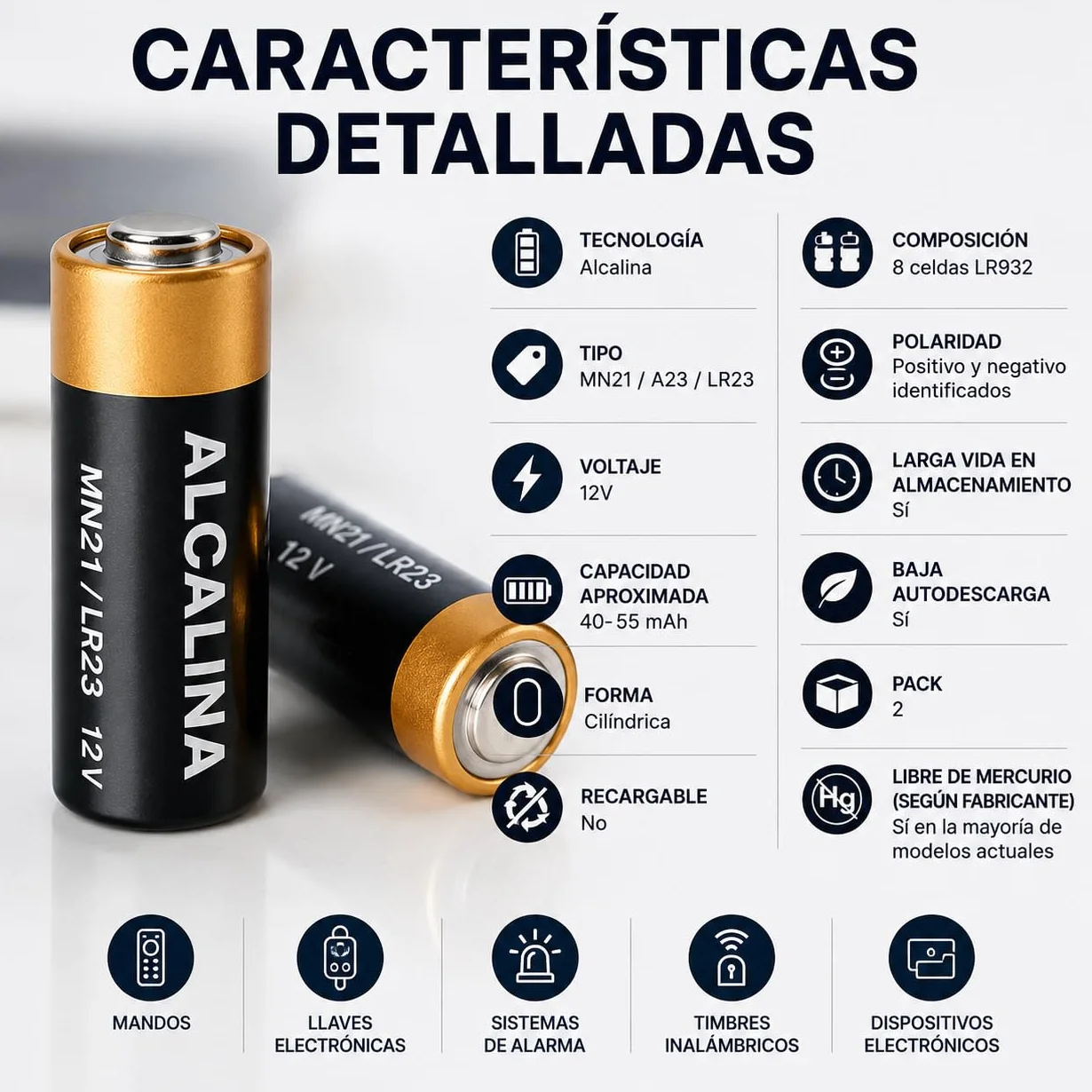 Pilas alcalinas MN21 A23 23A V23GA LRV08 8LR932 12V 2 Unidades