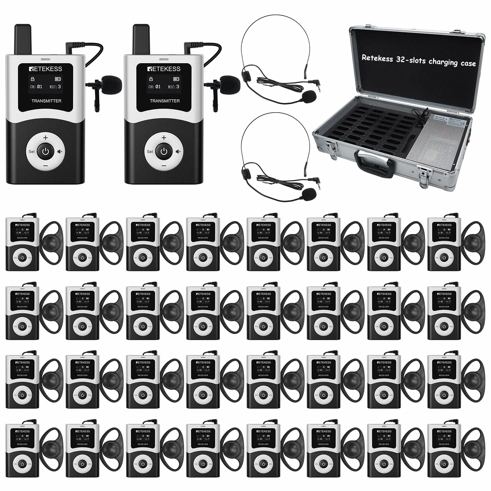 Retekess T130U (T130 4rd) Portátil Sistema de Guía Turística Inalámbrico, Juego de Guía Turística, Audioguías, 200 m, de Transmisión Digital, Operación con Una Sola Tecla, Estuche de Carga de 32