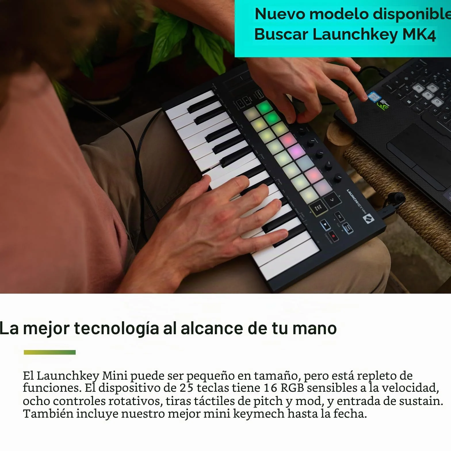 Novation Launchkey Mini [MK3] — Controlador de teclado MIDI de 25 teclas portátil con USB e integración de DAW. Modo de acordes fijos y arpegiador — para producción musical