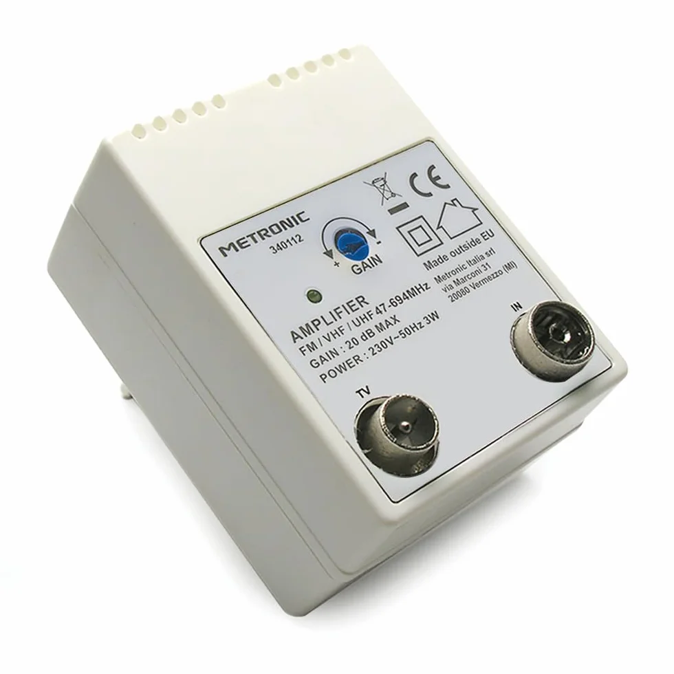 Metronic 340112 Amplificador de TV Fm/Vhf/Uhf para red digital terrestre con filtro 5G, 20 dB ajustable, 1 entrada/1 salida, blanco