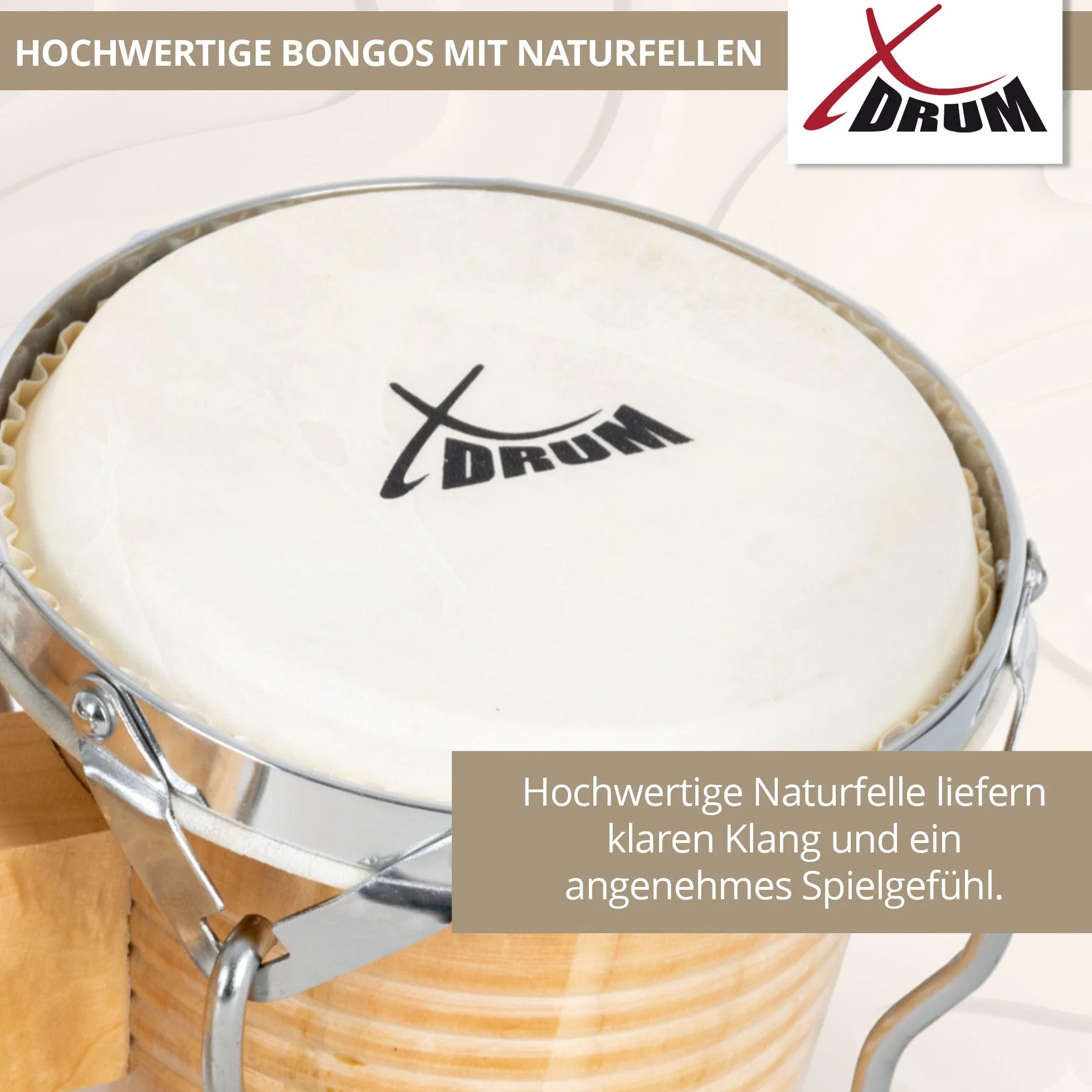 XDrum Bongos Pro Natur - 2 tambores con diámetros de 6,5" (17 cm) y 7,5" (20 cm) - Bongos con parches naturales afinables, llave de afinación y soporte - Tambores de madera en color natural