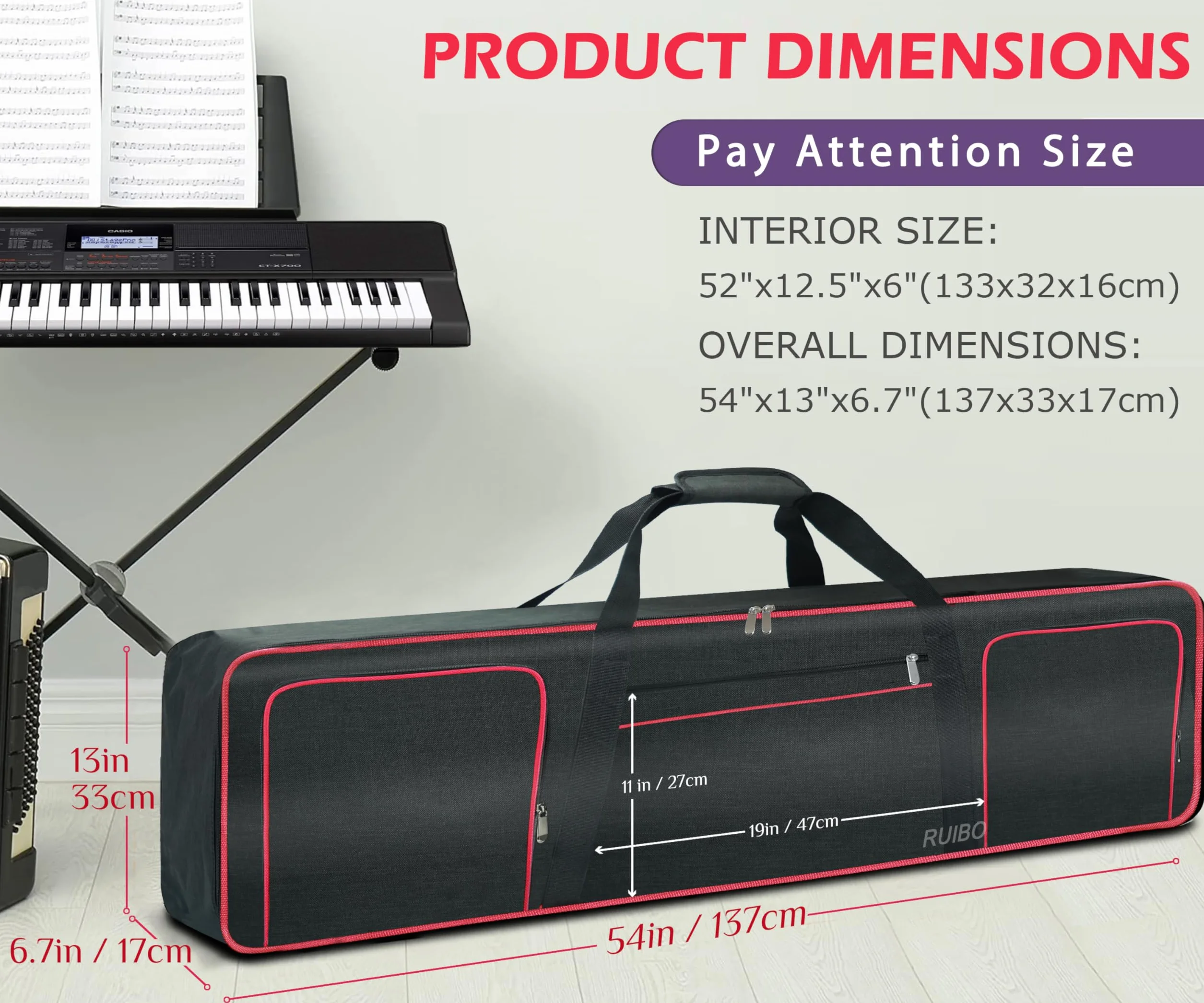 Ruibo Funda para Teclado de 88 Teclas para Piano eléctrico con Acolchado de algodón de 10 mm, Impermeable, Bolsa de Concierto Oxford 600D, 54 x 13 x 6.7 Pulgadas, Color Rojo