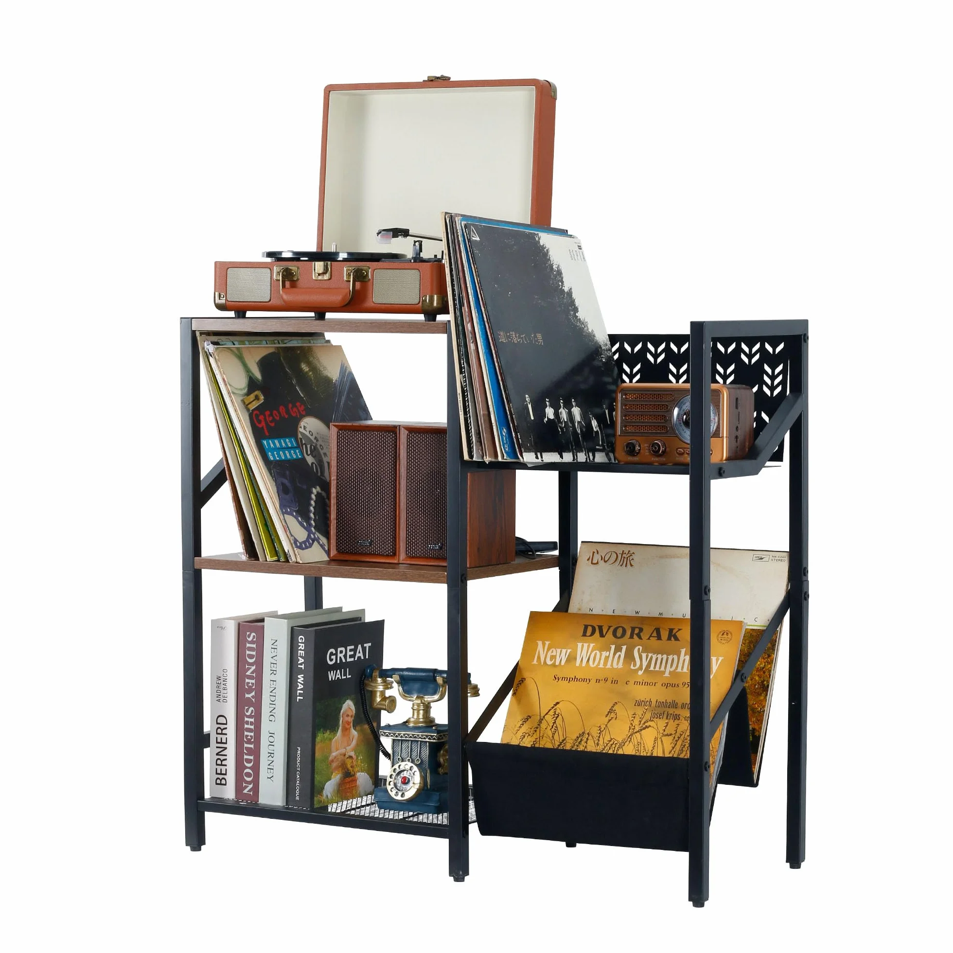 Soporte para discos de vinilo de 3 niveles, soporte grande para discos de hasta 150 álbumes, tocadiscos negro con gabinete estéreo de almacenamiento, estante de mesa de reproductor para dormitorio