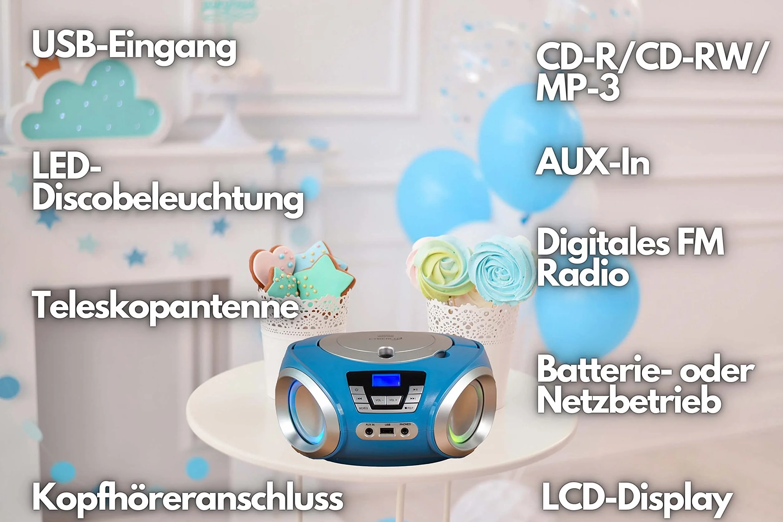 Reproductor de CD con iluminación LED | Toma para Auriculares | Radio estéreo portátil | Radio Infantil | estéreo | USB | Reproductor de CD/MP3 | Radio FM | Conector para Auriculares | Entrada AUX