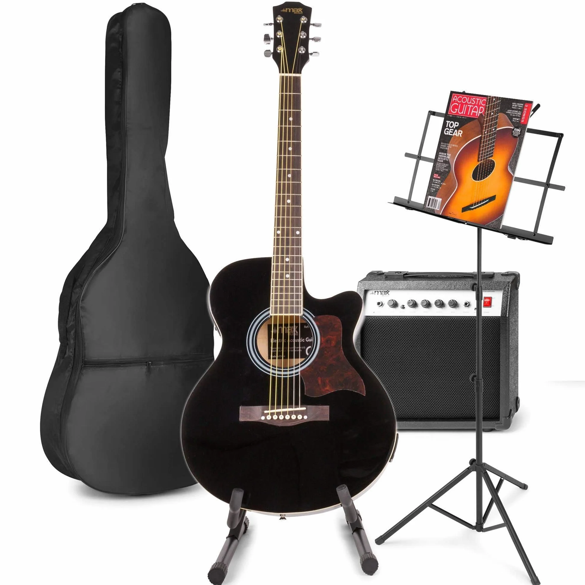 MAX Guitarra Electroacústica Negra con Amplificador 40W - Set Completo con Atril, Soporte, Funda, Afinador Digital, Púas, Correa, Cable y Cuerdas Extra - Ideal para Todos los Niveles