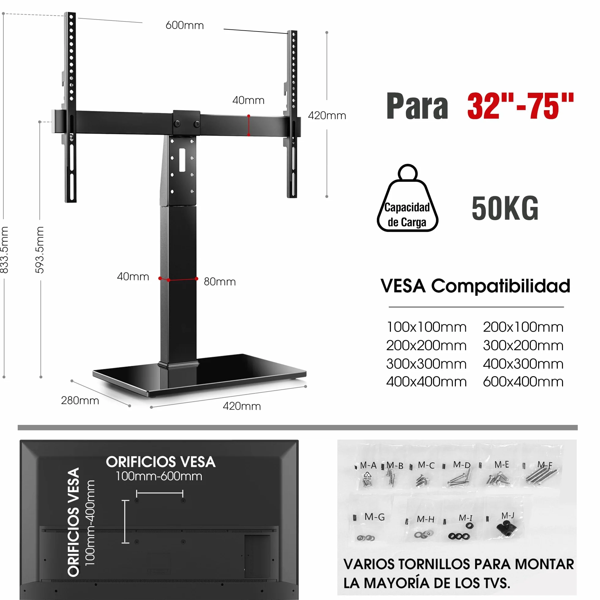 AOKCOS Soporte de TV Giratorio y Altura Ajustable para televisores de 32 a 75 Pulgadas de hasta 50 kg, Soporte Universal para TV MAX VESA 600 x 400 mm
